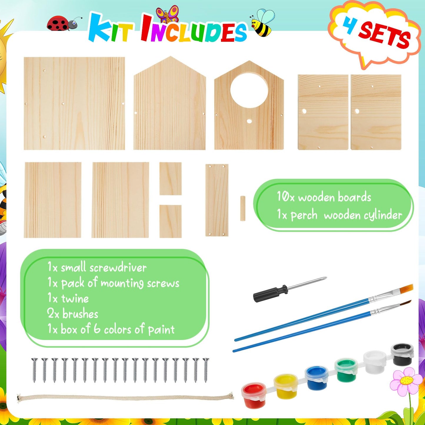 Liliful 4 Pack Birdhouse Crafts for Kids, Wooden Creative DIY Bird House Kits Arts and Crafts Set for Kids and Adults, Spring Birthday Gifts for Toddlers Ages (Seasonal Style)