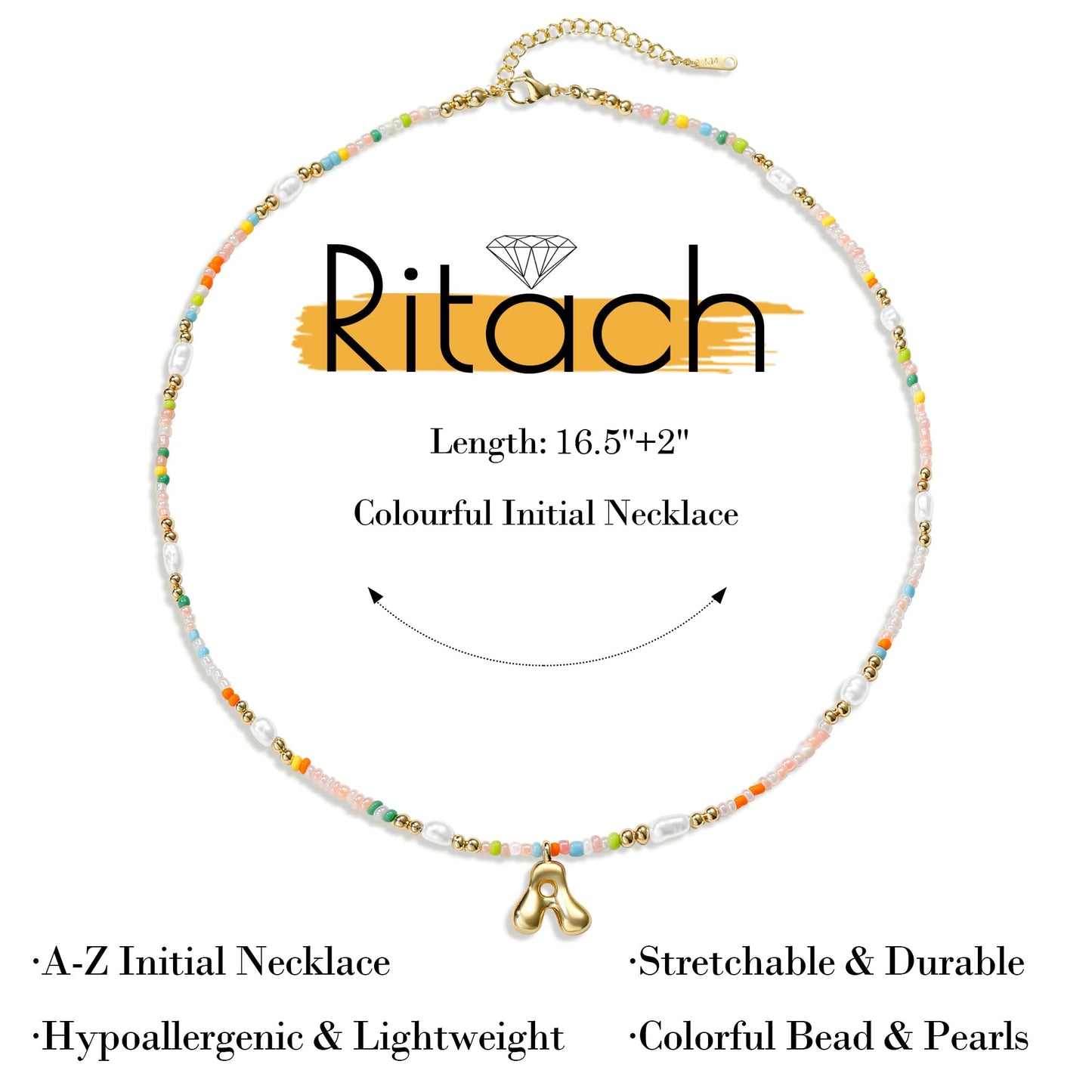 Ritach Initial Necklaces for Women Jewelry - Letter U Necklace Colorful Initial Necklaces for Women Beaded Boho Necklace Summer Beach Jewelry