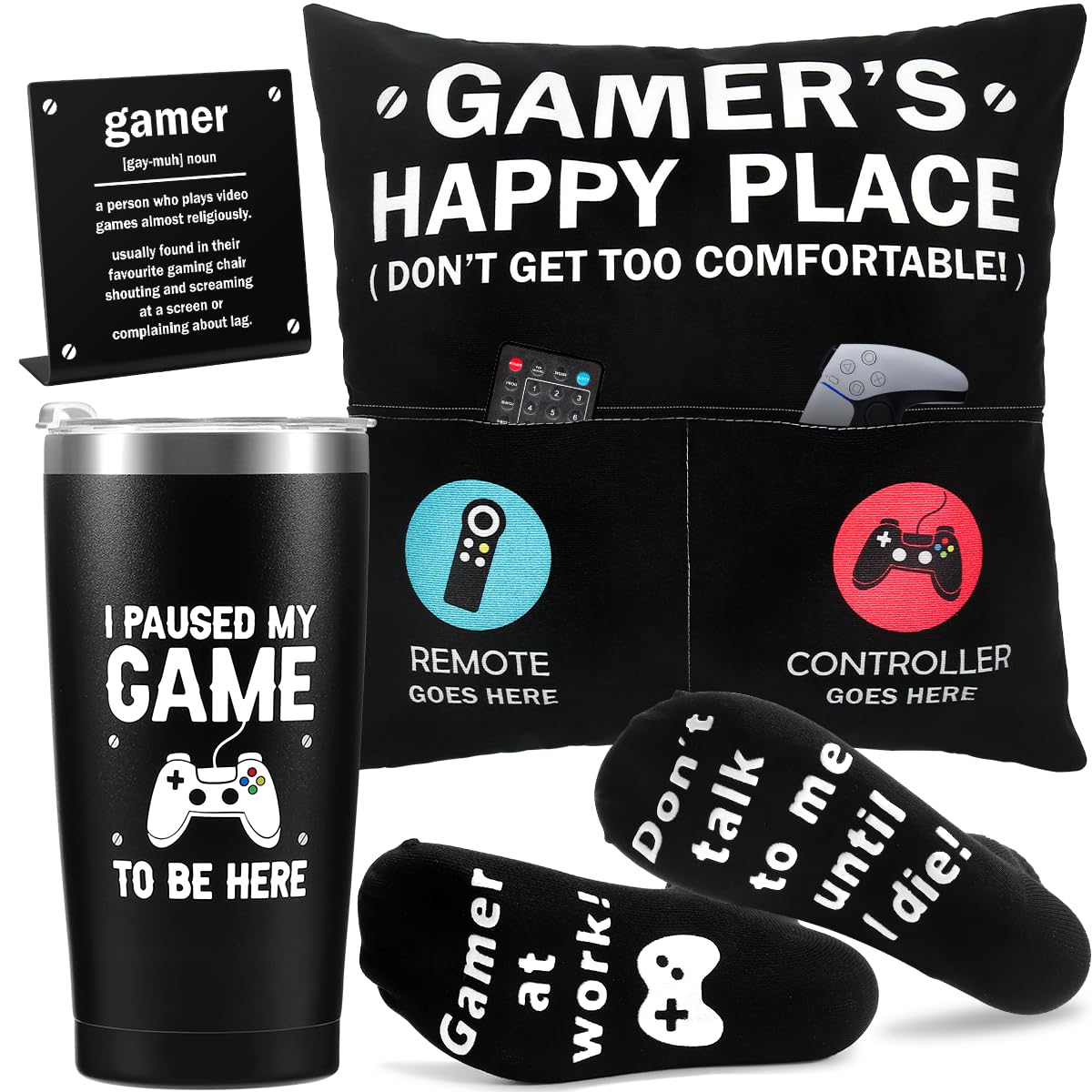 Easter Basket Stuffers Essentials Gamer Gifts for Men Boyfriend Teenage Boy Birthday Gifts Box Year Old Kids Son Game Room Decor Christmas Gaming Gift for Him Man Video Game Lover Gamer Tumbler+Pillow