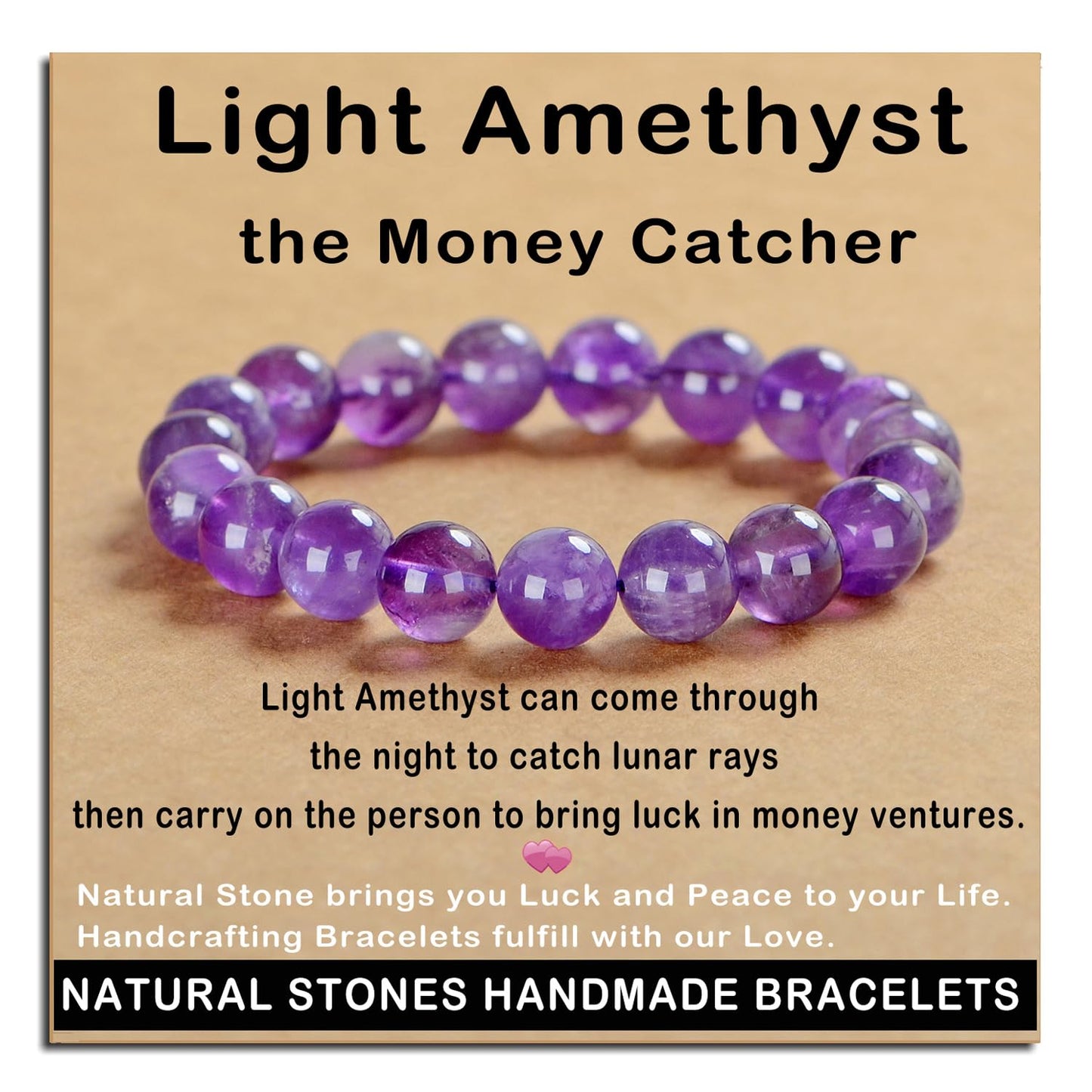 AD Beads Handmade Gemstone Stretch Elastic Bracelet Crystal Healing Reiki Nature's Beauty and Spiritual Essence Unisex (10mm, Purple Amethyst)