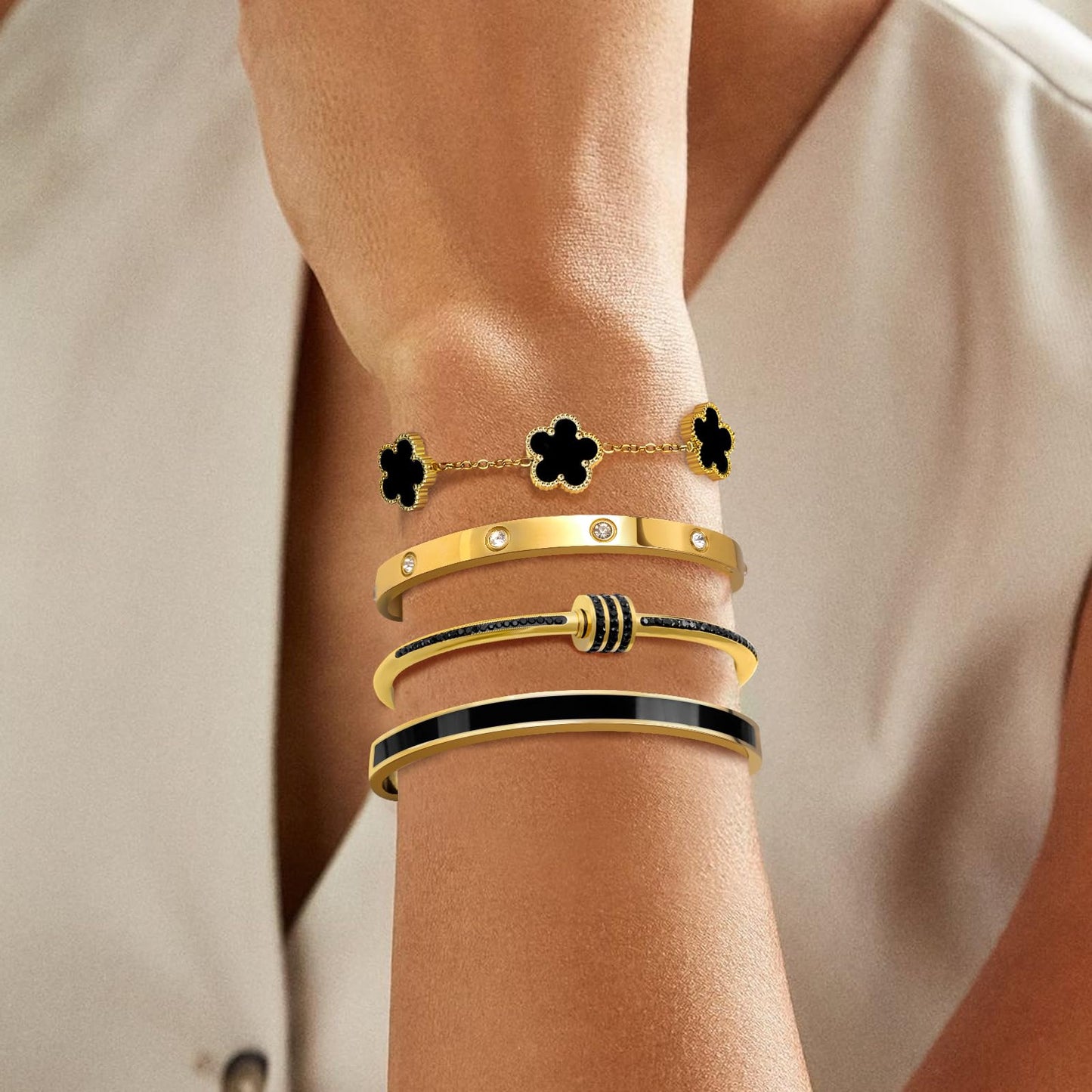 MOINSPIRE 18K Gold Plated Bracelets for Women, Stainless Steel Four Leaf Clover Tennis Nail Love Bangle Bracelets Set, Trendy Stackable Twist Cuff Bracelet Non Tarnish Jewelry Gifts for Christmas