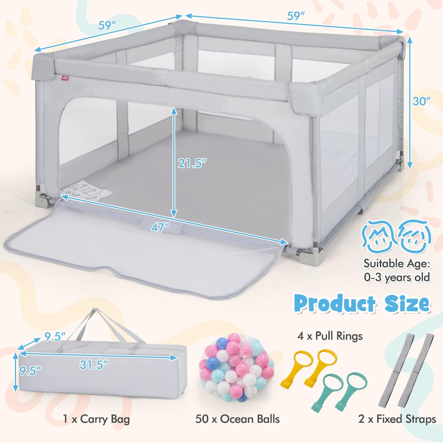 Costzon Foldable Playpen for Babies, 59''x59'' Portable Baby Play Pen with 50 PCS Ocean Balls, 4 Handles, Carry Bag, Visible Mesh, Kids Activity Center with Gates, Indoor & Outdoor Baby Gate Play Pen