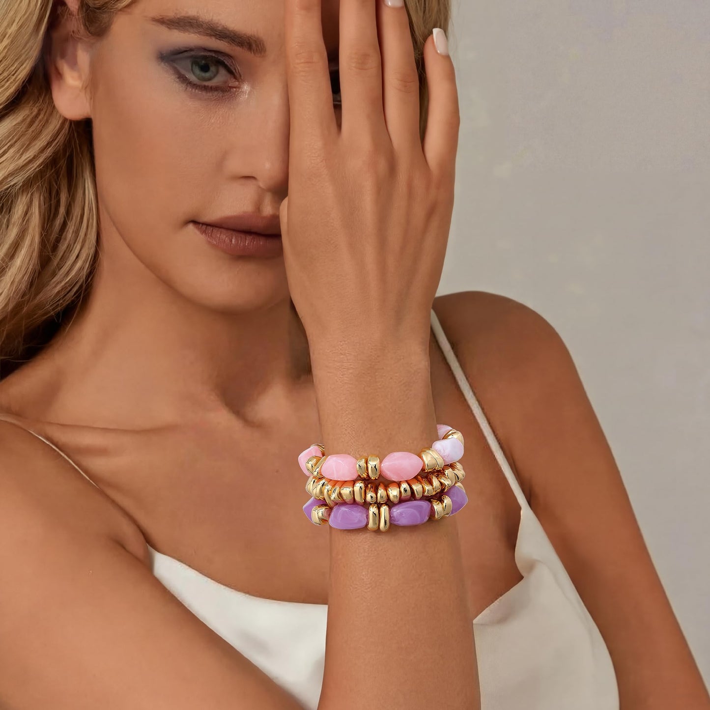 Sajidos Gold Plated Beaded Bracelets for Women Trendy, 14K Gold Plated Stack Cross Pearl Gold Plated Bead Stretch Bracelets Set Elastic Hypoallergenic Bracelets Jewelry Gifts (style13-pinkpurple)