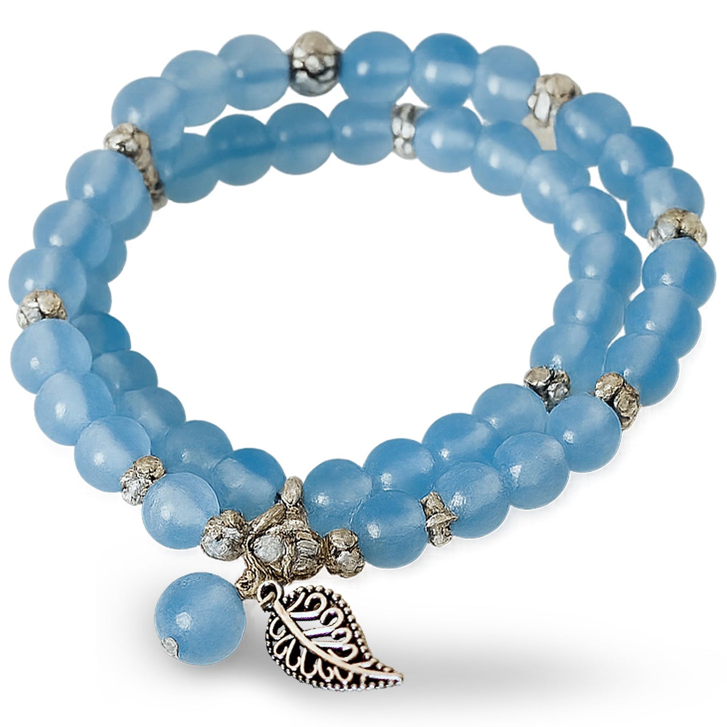 Conscious Items Elegant Calming Crystal Bracelet, Blue Chalcedony Bracelet for Confidence, Inner Peace & Positivity, Crystal Quartz Bracelets for Stress with Silver Leaf Charm for Men & Women