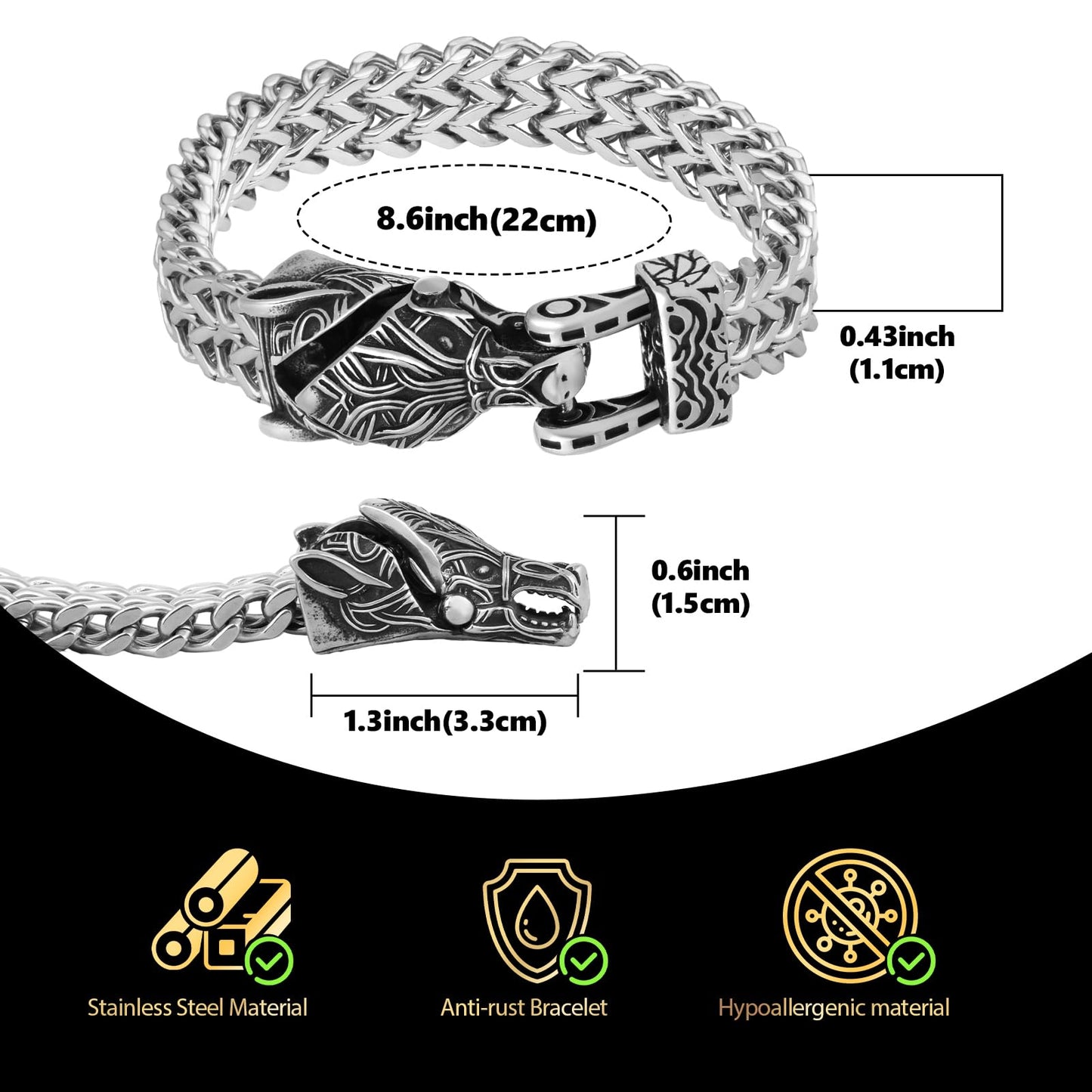 LuxGoth Stainless Steel Wolf Head Heavy Cuban Link Chain Bracelet Gothic Punk Rock Biker Vintage Norse Viking Wolf Franco Link Curb Bracelet Jewelry for Men Silver GTS-B1B45034