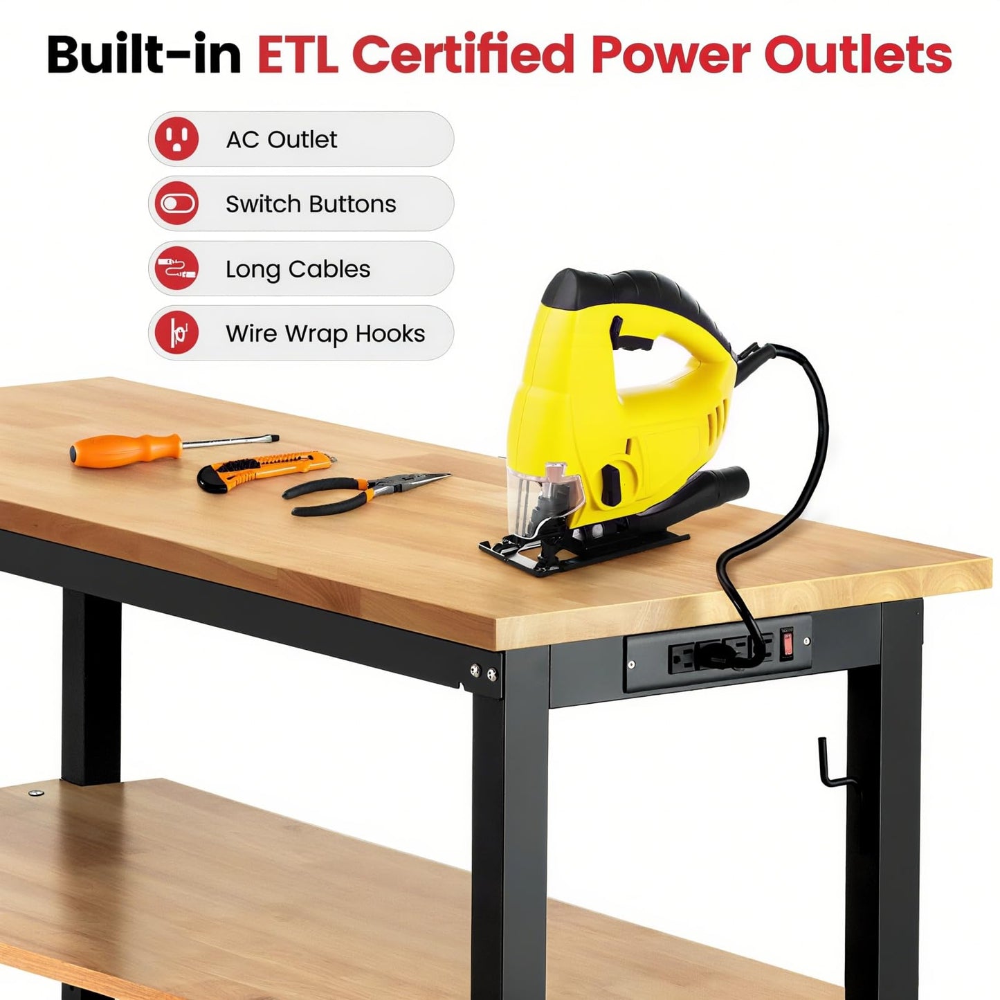 ENJOYWOOD 60" x 22" Heavy Duty Workbench Adjustable Height Garage Work Table with Solid Rubberwood Top, Pegboard & Power Outlets for Workshop, Home & Office