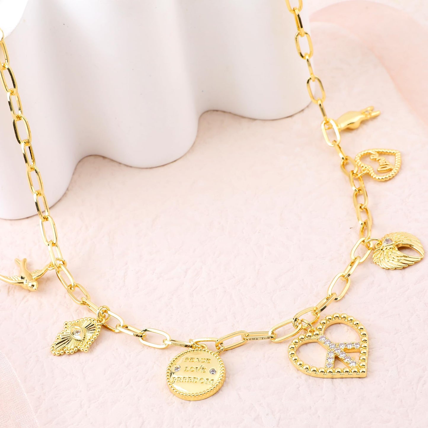 NEKOL Peace Sign Heart Charm Necklace for Women, Vintage Hippie Style Peace Sign Hamsa Angel Wings LOVE Heart Peace Dove Anti War Necklace Retro Boho Party Dressing Accessories Jewelry Gifts