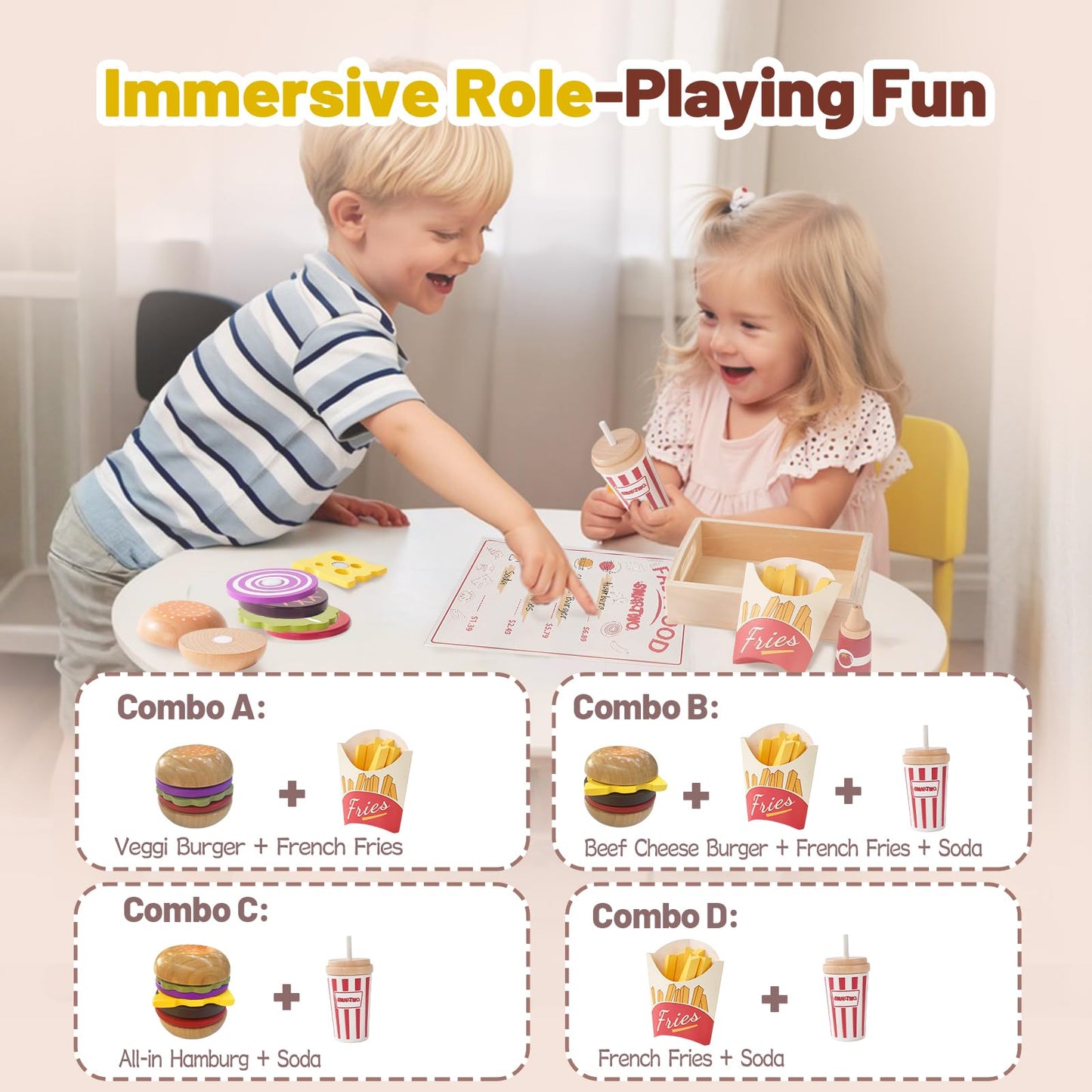 Smartwo Wooden Play Food for Kids Pretend Hamburger Set Fast Food Toy Play Kitchen Accessories for Toddlers Toy Food Gift for Boys Girls Educational Toys