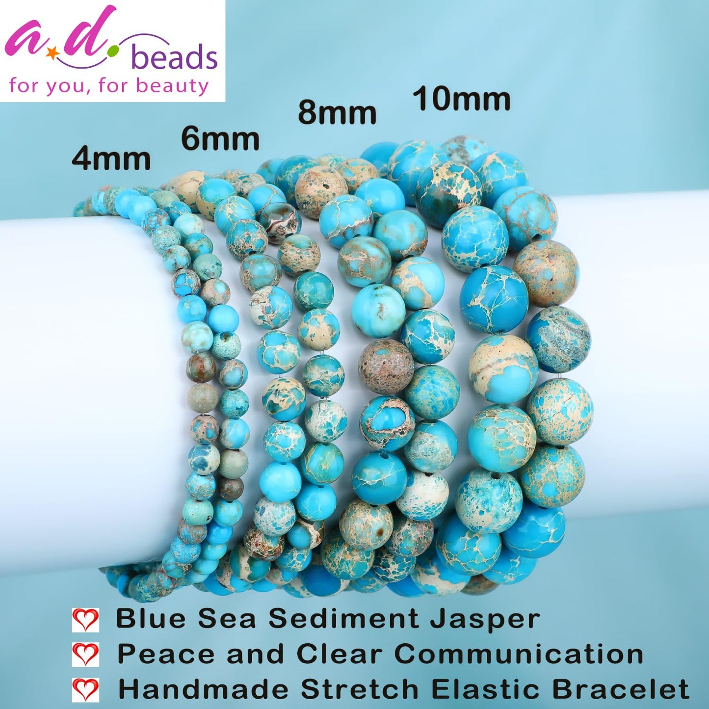 AD Beads 4mm Handmade Blue Sea Sediment Imperial Jasper Elastic Bracelet – Natural Gemstone for Joy & Positivity – Meditation, Yoga, Healing and Energy Gift for Men Women