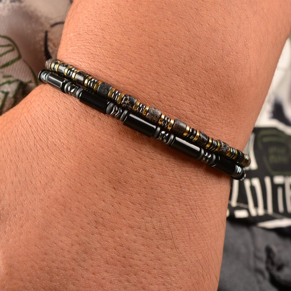 Casvia Midnight Fusion Men's Beaded Bracelet, Handcrafted Black Onyx & Hematite, Adjustable Dual-Clasp 6.89–8.8 Inches, Stackable Daily Wear, Birthday Gift for Men Dad Boyfriend