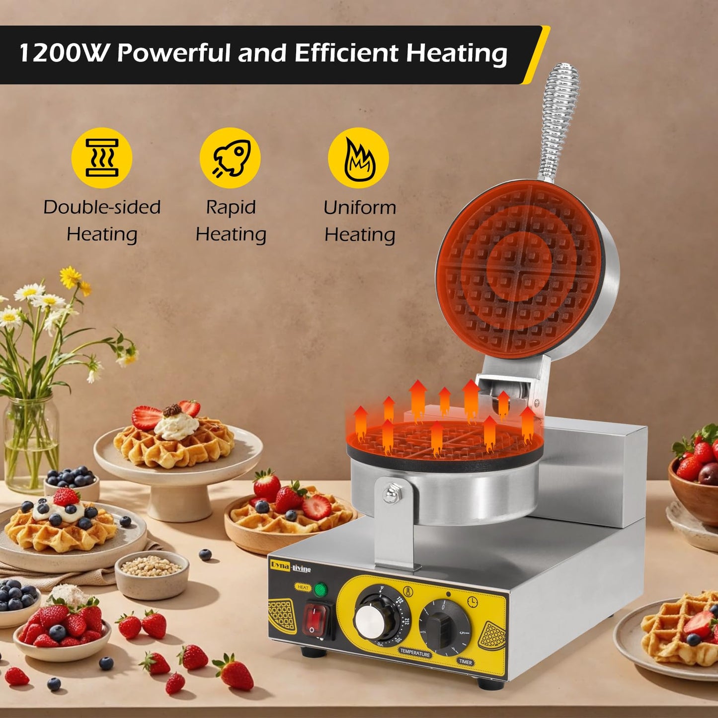 Dyna-Living Single Head Commercial Waffle Maker 1200W & 2-Tanks Commercial Chocolate Tempering Machine Chocolate Tempering Pot