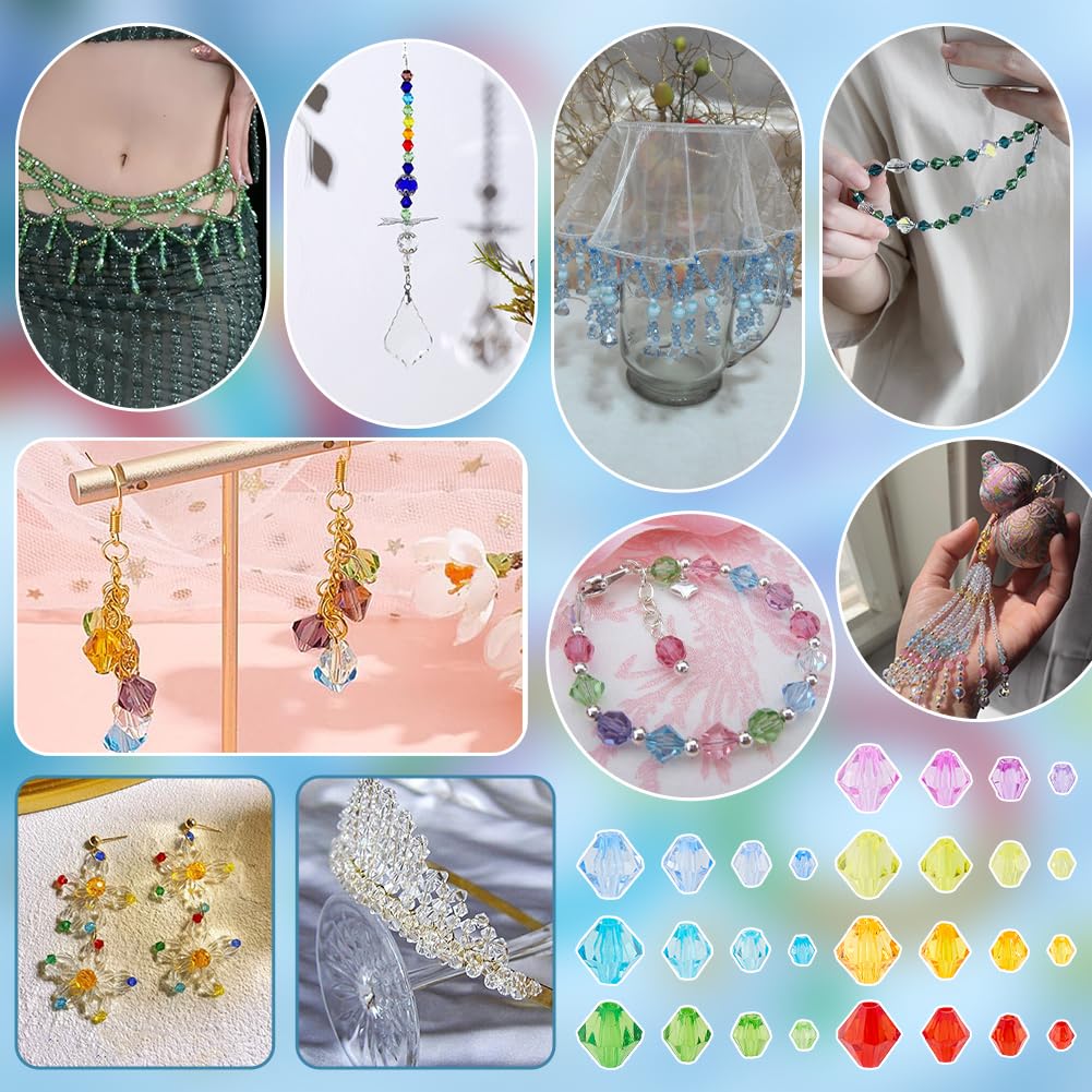 PH PandaHall 2310pcs Crystal Beads for Jewelry Making 4mm 6mm 8mm 10mm Acrylic Faceted Bicone Beads Transparent Loose Bead for Bracelet Necklace Earring Jewelry Making and DIY Craft, 7 Colors