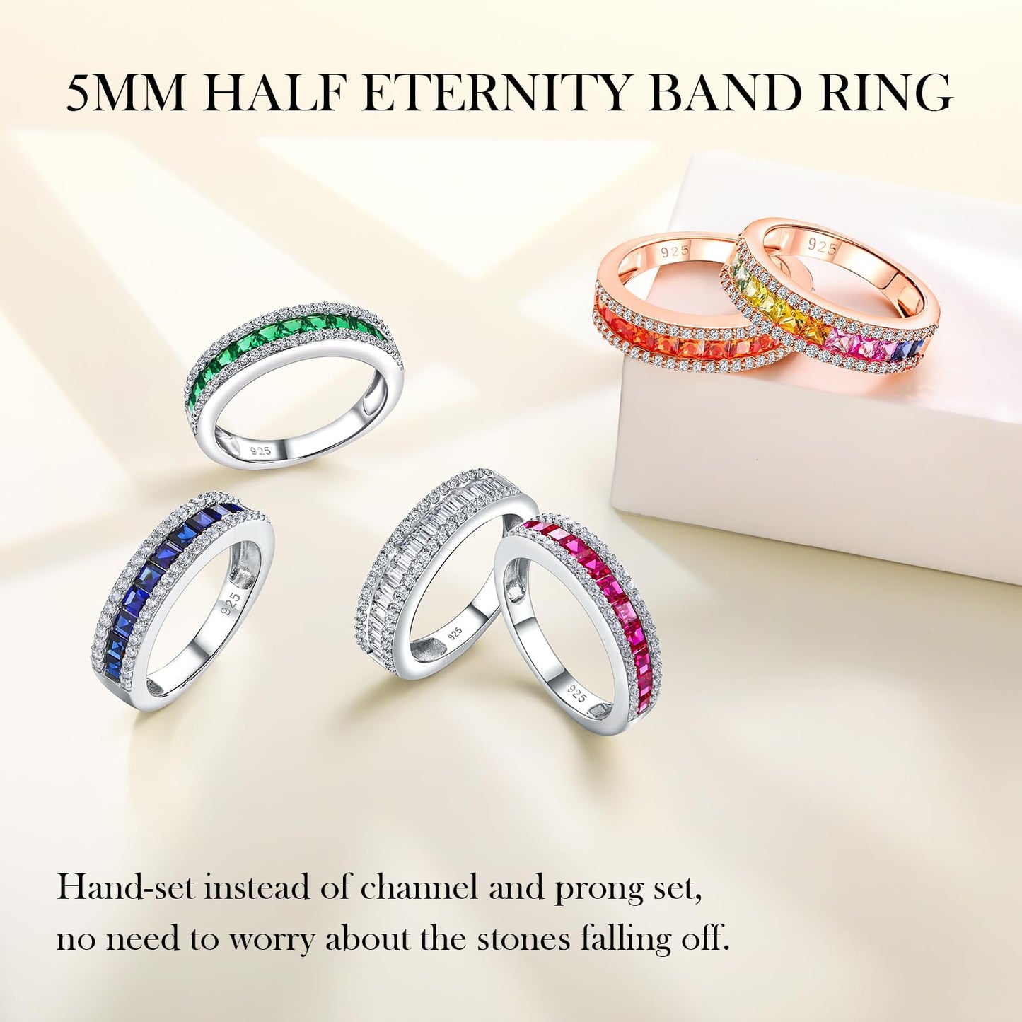 RANDES Cubic Zirconia Eternity Rings for Women Baguette Wedding Band 925 Sterling Silver Channel Set Lab Diamond Ring Size 6.5
