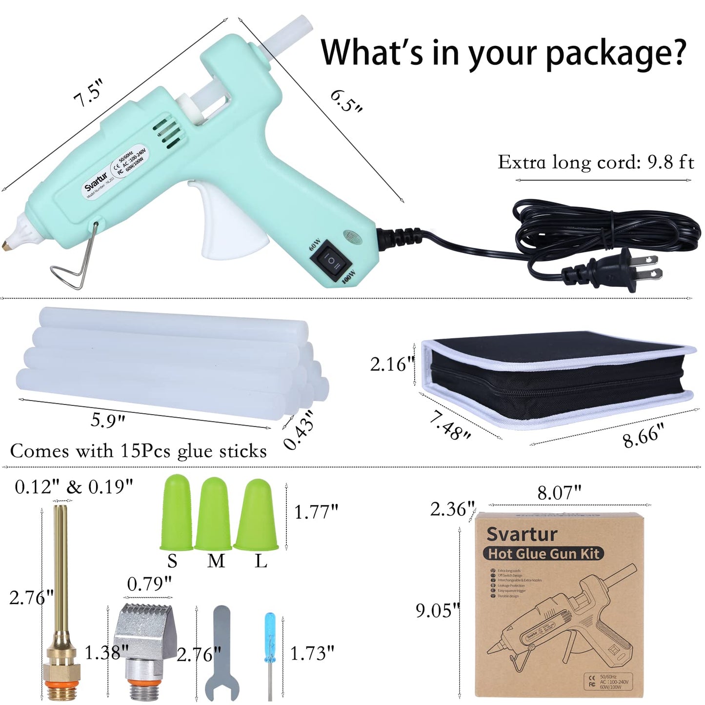 Full Size Hot Glue Gun Kit with 60W/100W/OFF Switch, 9.8ft Extra-long Power Cord Industrial Glue Gun with 2 Nozzles, 15 Glue Sticks, Case, Dual Power High Temp Hot Melt Glue Gun Large for Craft, Green
