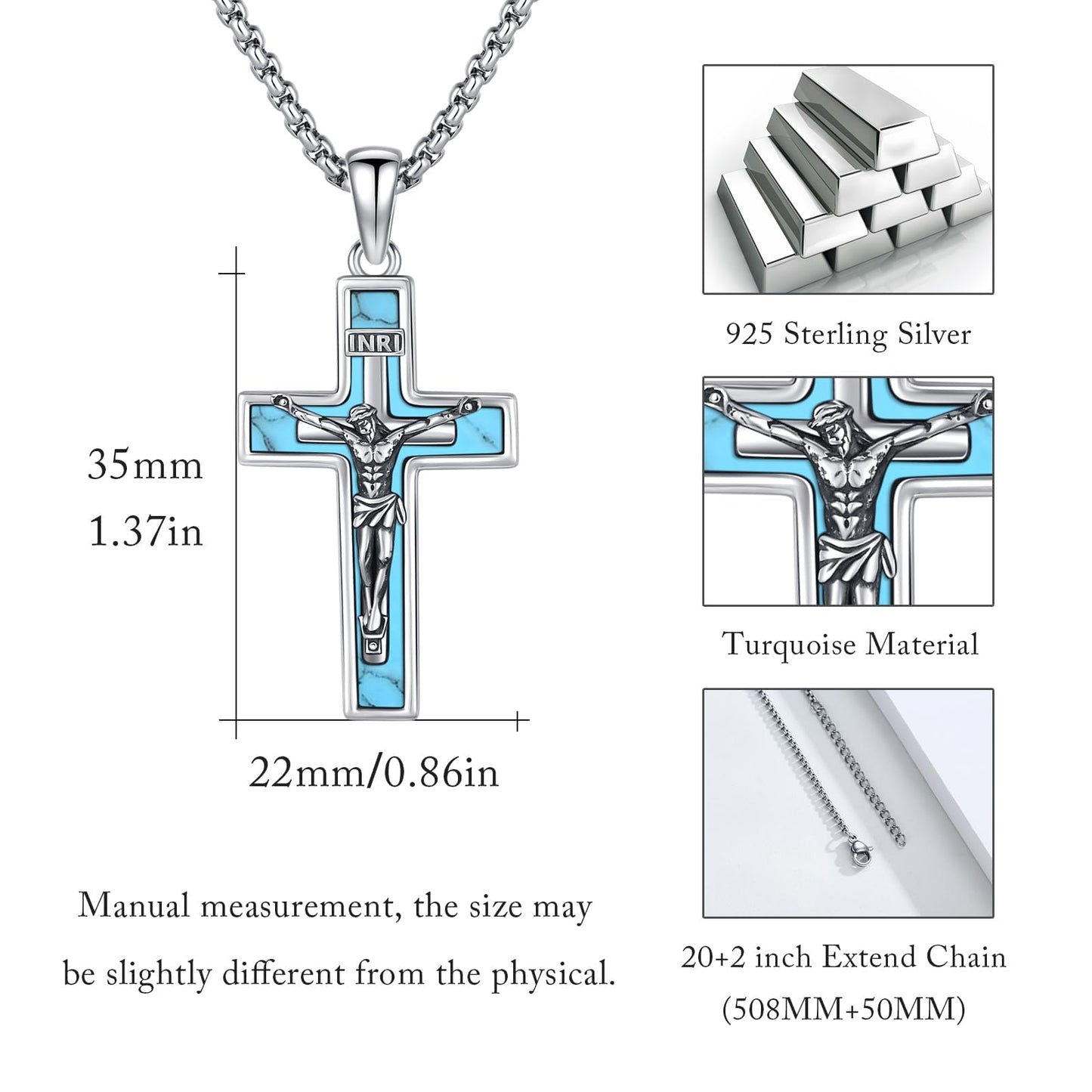 YEESIA Cross Necklace for Women Men 925 Sterling Silver Jesus Crucifix Pendant Necklace with Turquoise Cross Jewelry Gift for Women Men