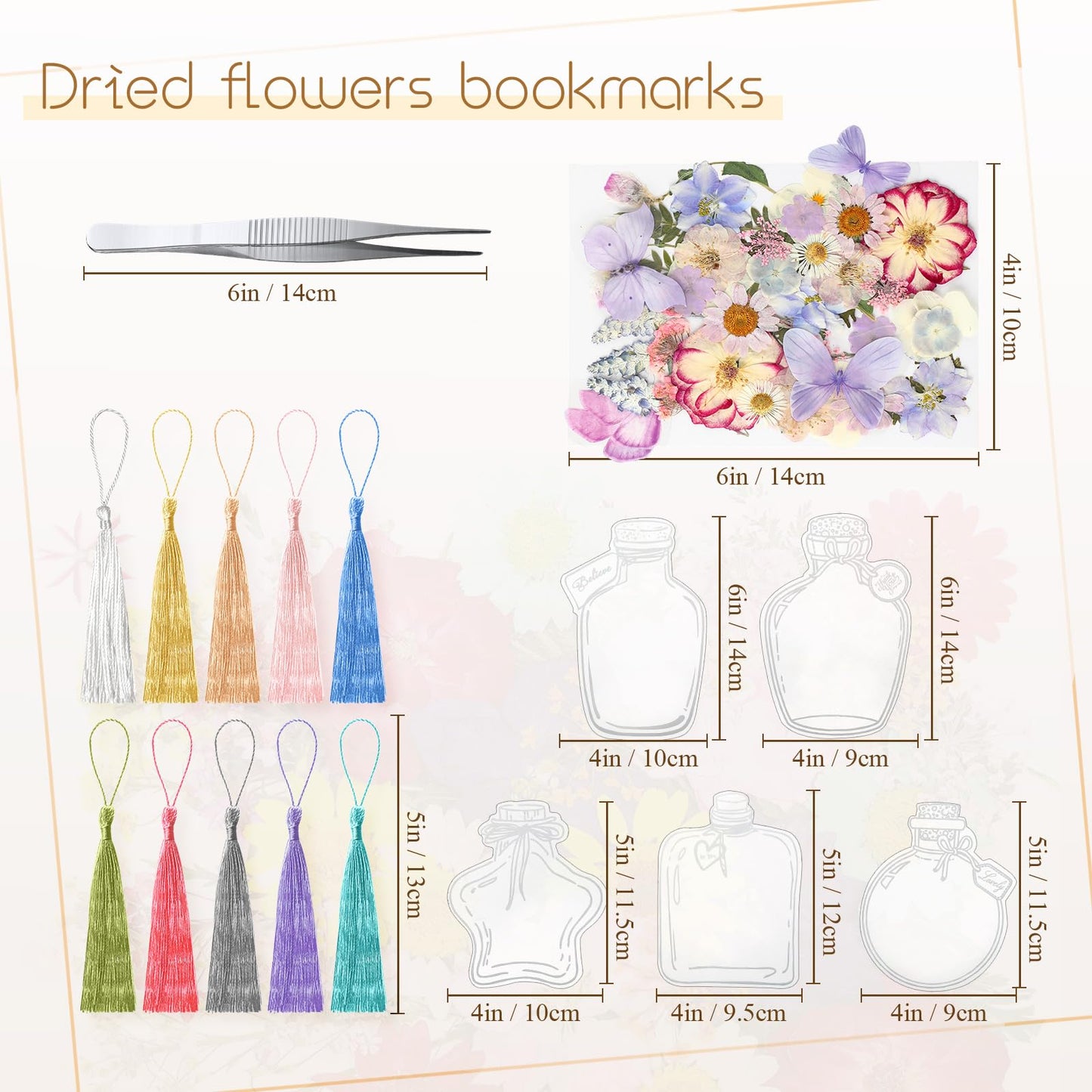TaoBary 91 Pcs DIY Handmade Transparent Dried Flower Bookmark Set Include Butterflies Clear Bookmarks Dried Flowers Colorful Tassels and Tweezer for Book Bottle Supplies(Gentle Colors)