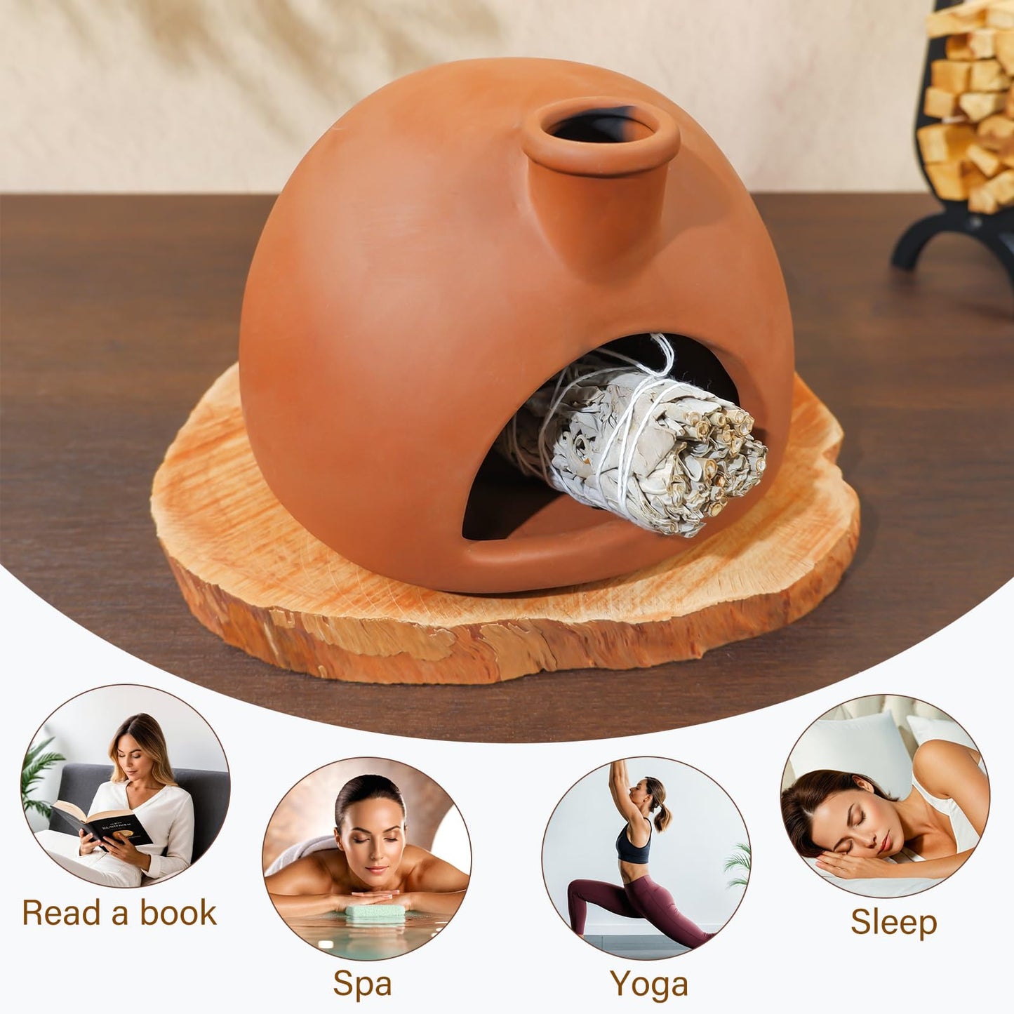 MOUGIGI Large Handmade Terracotta Palo Santo Holder - Chiminea Incense Dish with Chimney, Cone Burner for Sage, Ideal for Meditation, Zen, Yoga, Spa | Aromatherapy, Mindfulness, Altar Decor Gift