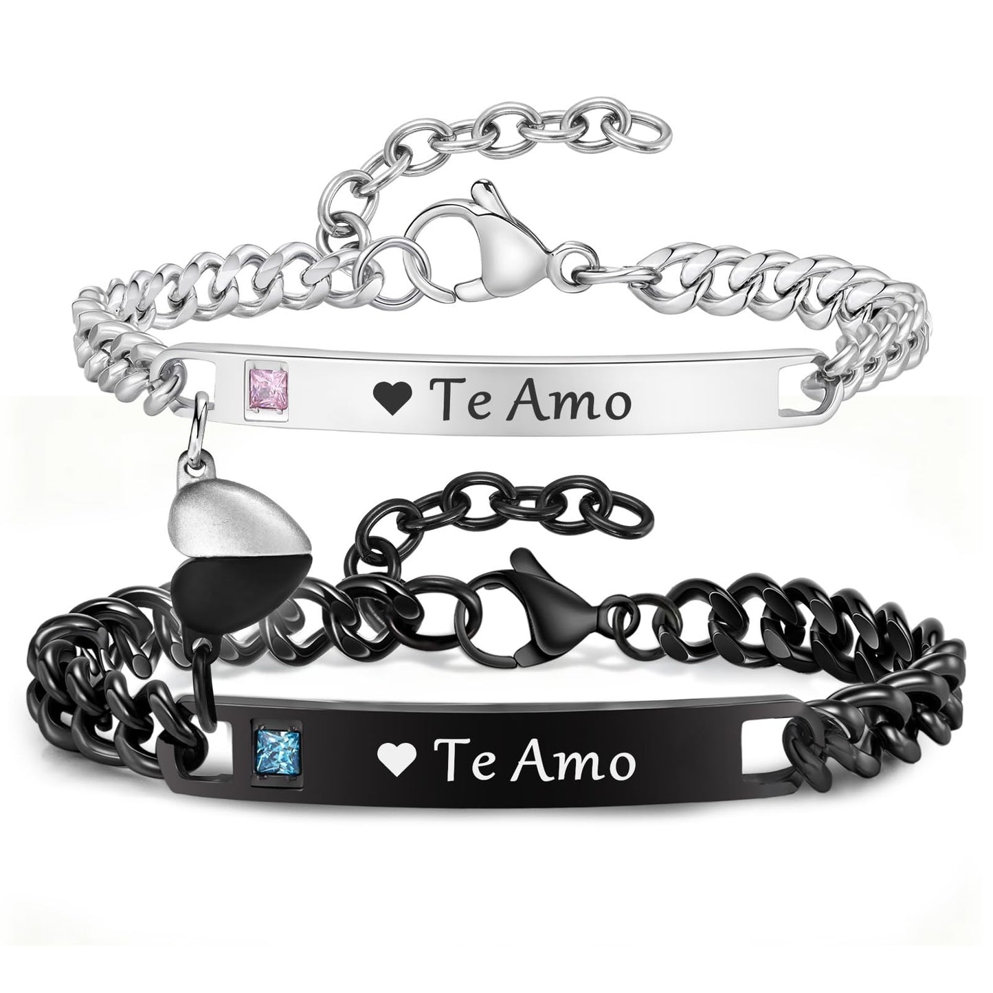 Matching Couple Bracelets for Men Women : Te Amo Engraved His Hers Stainless Steel Cuban Link Chain Bracelets Set for Boyfriend Girlfriend Husband Wife, Romantic Gifts for Valentines Birthday