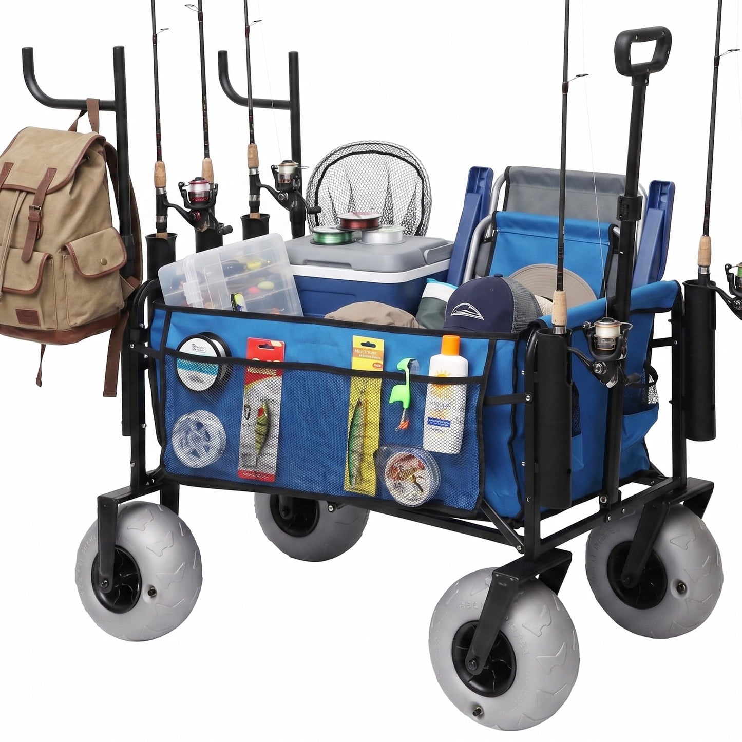 Fishing Cart with Big Wheels for Sand, 9" All-Terrain Wheels, Beach Wagon for Sand, Equipped with a Rod Holder and Side Pockets for All Your Fishing, Camping or Beach Supplies, Blue & White