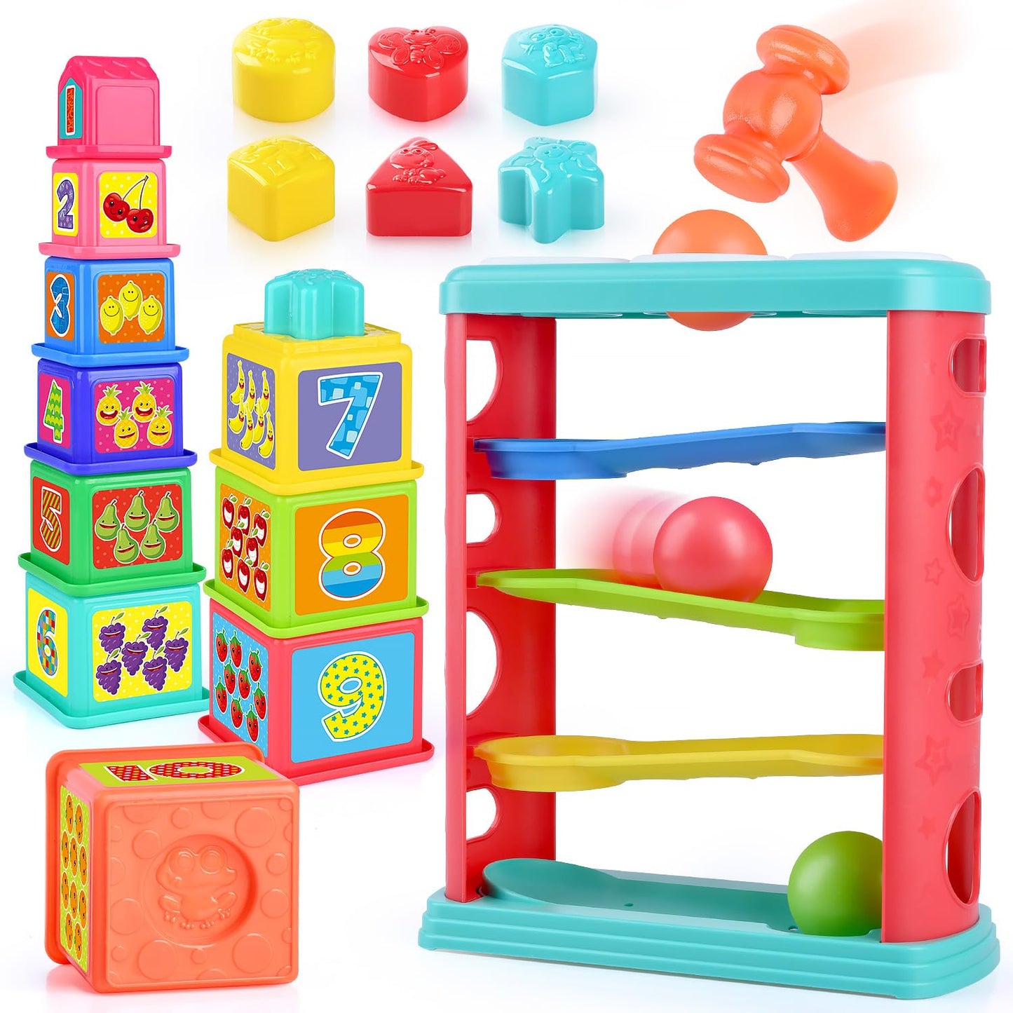 Pound a Ball Toy for Toddlers 1-3, Montessori Toys for Babies 12 18-24 Months, hammer, Stacking Cups, Shape Sorter Blocks, Early Developmental Educational Toys for 1 2 3 Year Old Boys Girls Kids Gift