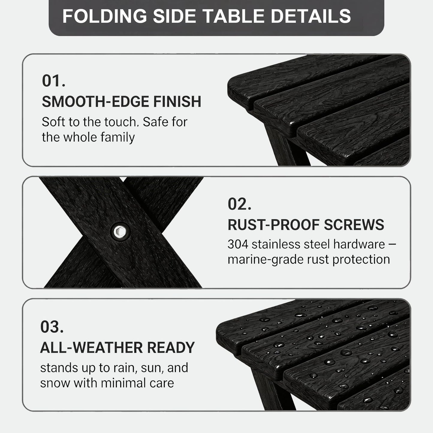 Polyhouz Folding Outdoor Side Table,Small HDPE Patio Table,All-Weather Compact Portable End Table for Patio,Porch,Pool,Black,11.8" D x 15.7" W x 15.7" H