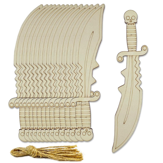 30 Pcs 6Inch Unfinished Pirates Wooden Swords Wood DIY Crafts Cutouts Wooden Knife Shaped with Hole Hemp Ropes Gift Tags for Halloween Art Activity Cosplay Supplies Birthday Gifts