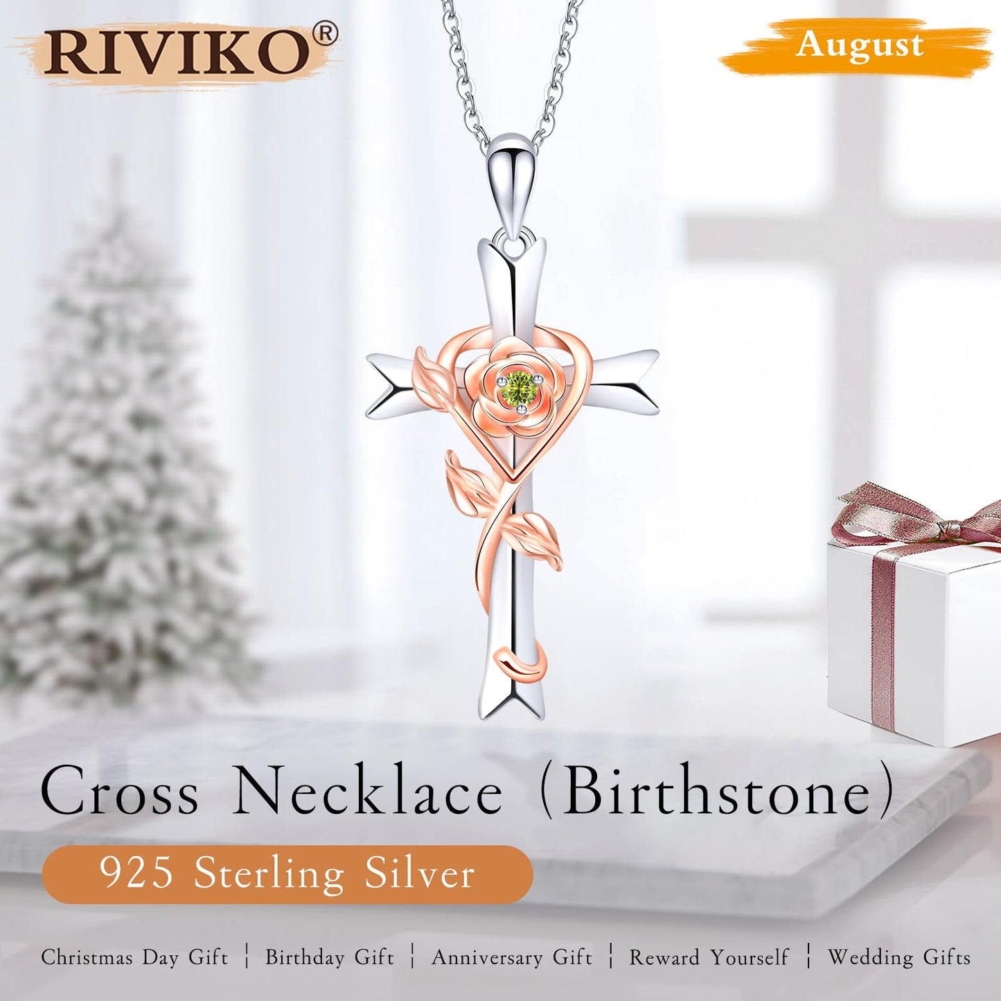 RIVIKO 925 Sterling Silver Cross August Birthstone Necklace for Women Cross Rose Pendant Necklaces Trendy Christmas Anniversary Valentine's Day Jewelry Birthday Gift for Women Her Wife