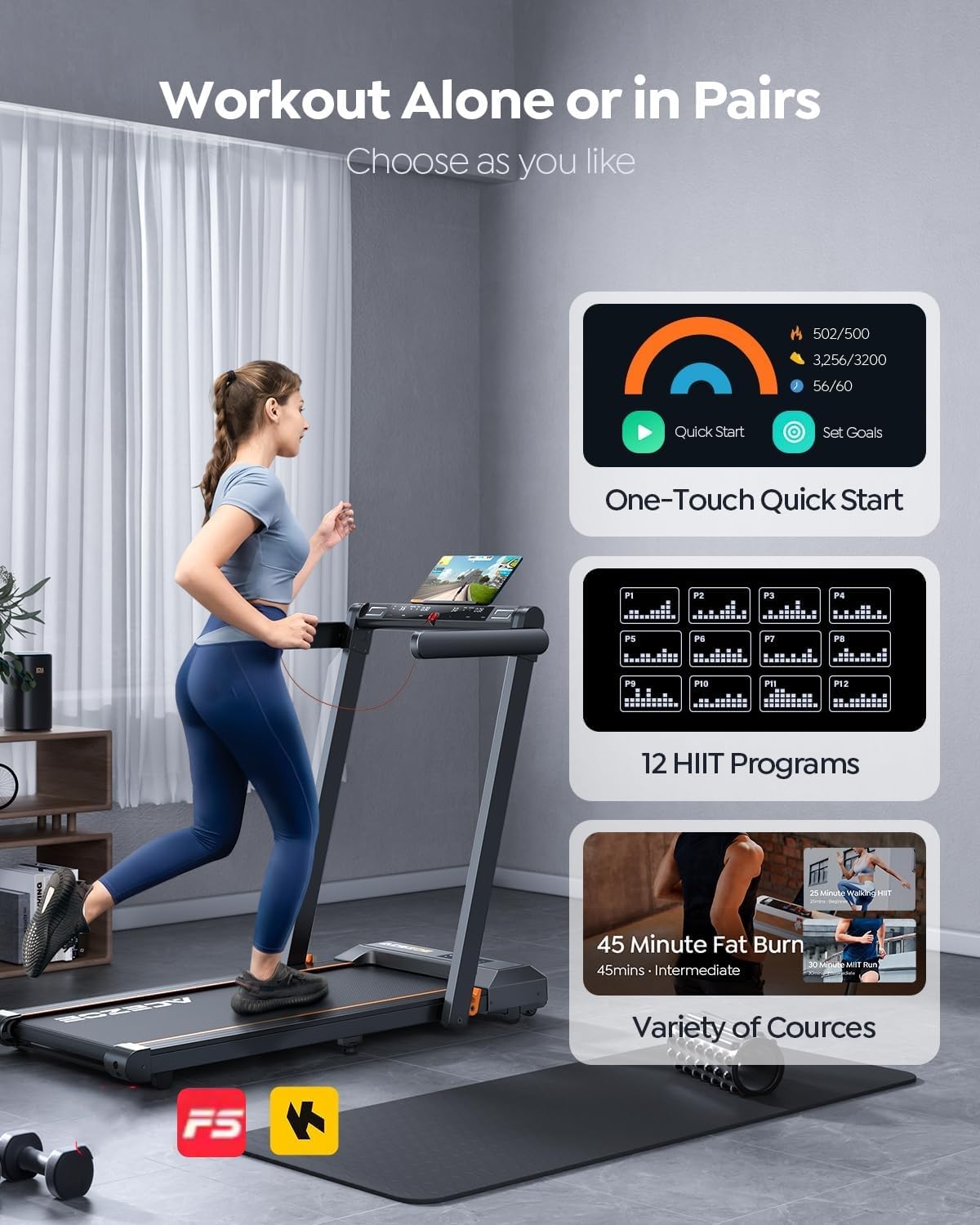 Acezoe 2 in 1 Folding Treadmills for Home Small Office, 2.5HP Walking Pad Treadmill with Handle Bar, 300lbs Capacity, Copmact Protable Treadmill with Smart APPs, 12 HIIT Modes and Touch Screen