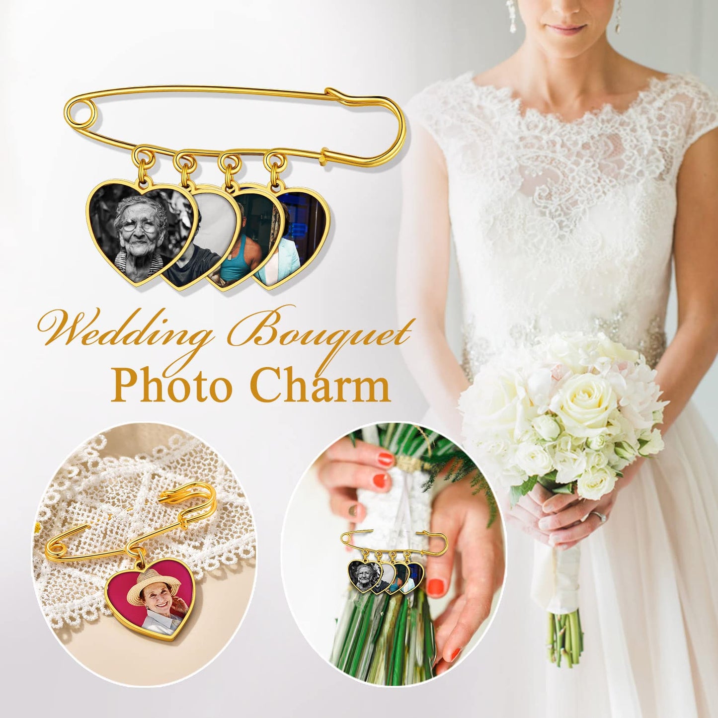 Custom4U Bouquet Brooches for Bridal Bouquets Heart Shaped Memorial Photo Charms Wedding Funeral Bouutonniere Jewelry