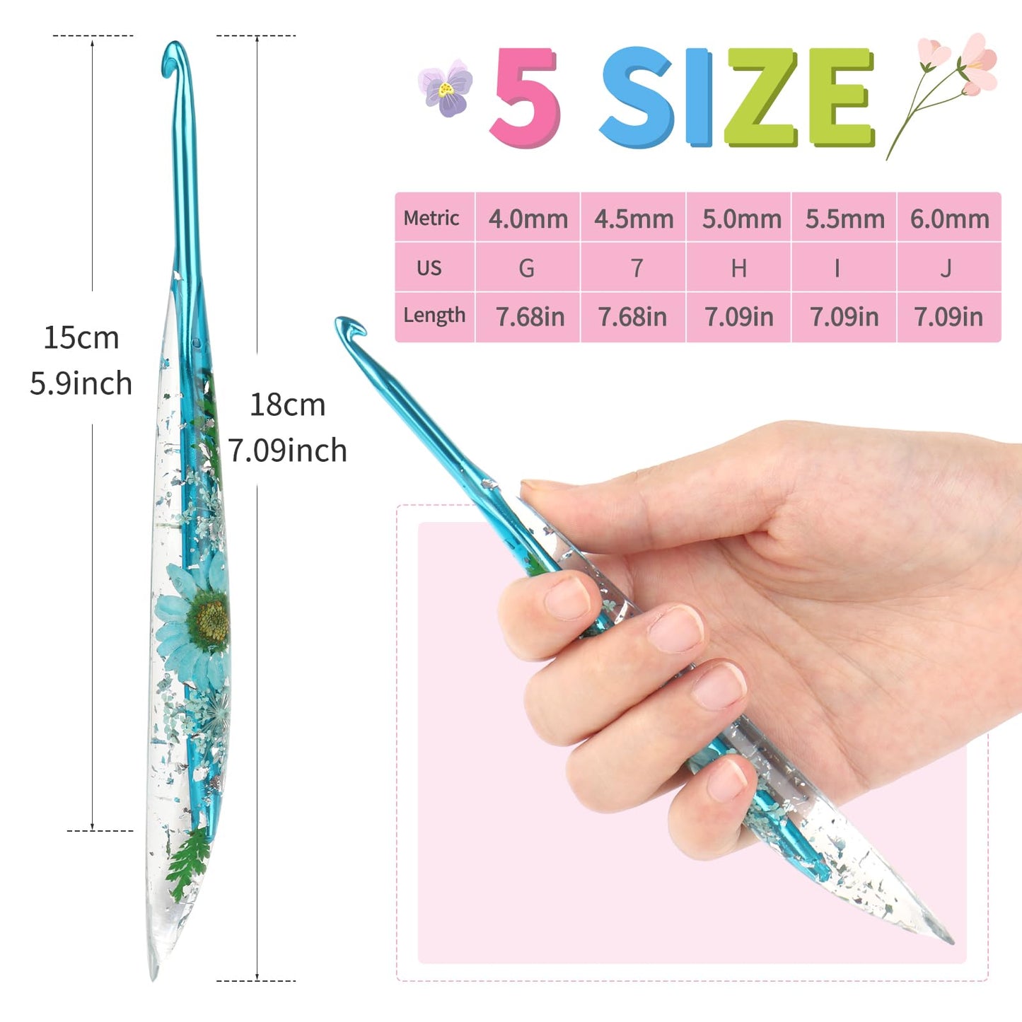 Coopay Crochet Hook Set, 5 PCS Crochet Hooks with Case (4mm, 4.5mm, 5mm, 5.5mm, 6mm), Floral Resin Grips - Beautiful & Ergonomic, Great for Crocheting Blankets, Dolls, Shawls, Hats, Scarves (G-J)
