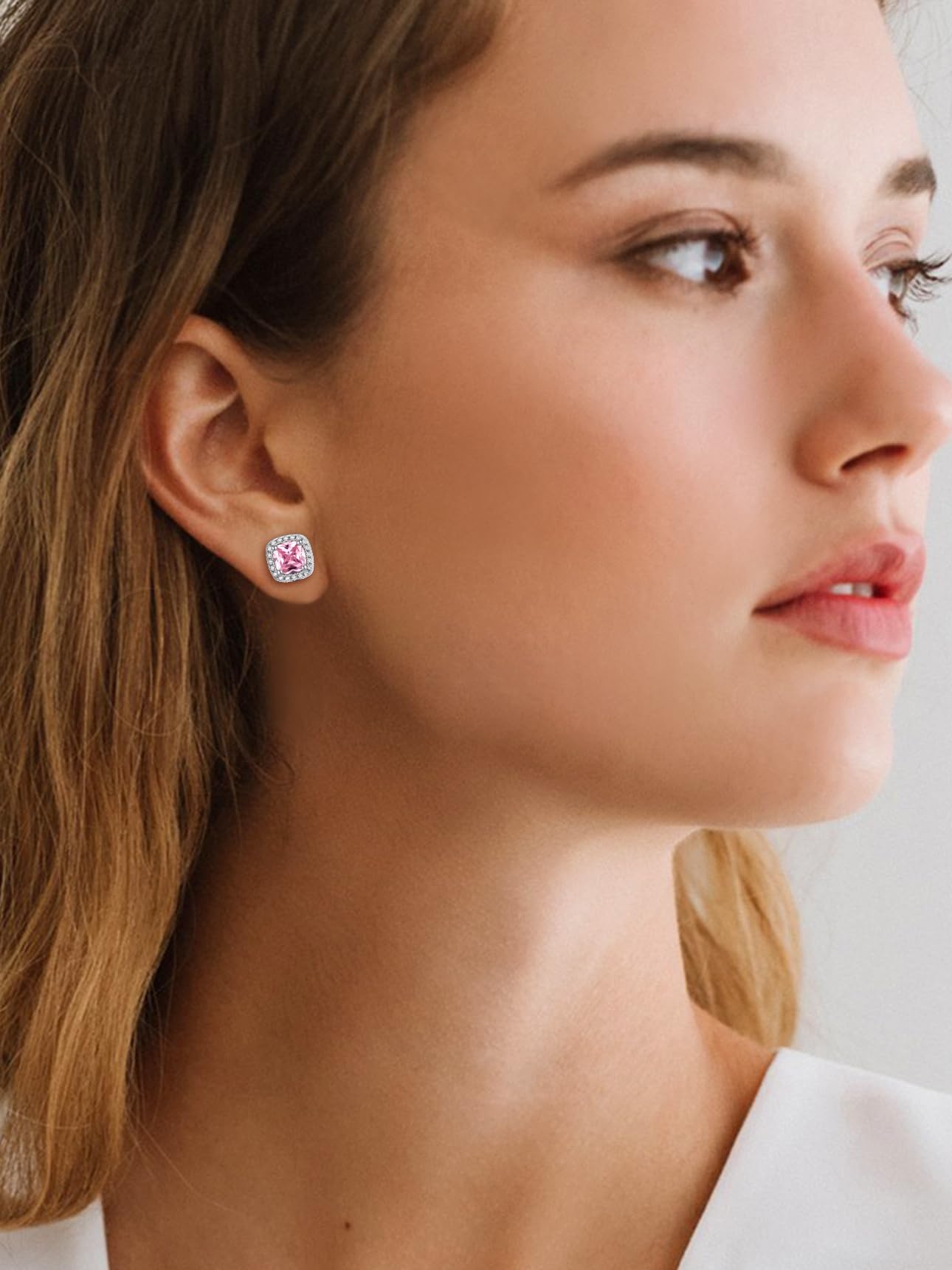 Bestyle Emerald Cut Pink Gemstone Tourmaline Earrings White Gold Vermeil Sterling Silver Sparkle Small Silver Studs Birthstone Earrings for Women Mothers Day Gifts for Wife Mom