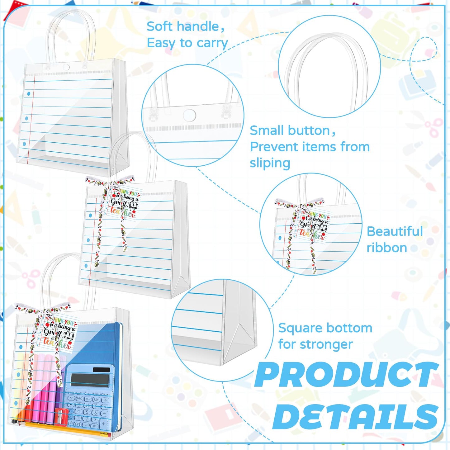 24 Sets Teacher Appreciation Gifts Bags Notebook Line Clear PVC Bags with Handle Thank You Tag Ribbon PVC Clear Candy Treat Goodies Tote Bags for Teachers' Day Classroom School Office Party Supplies