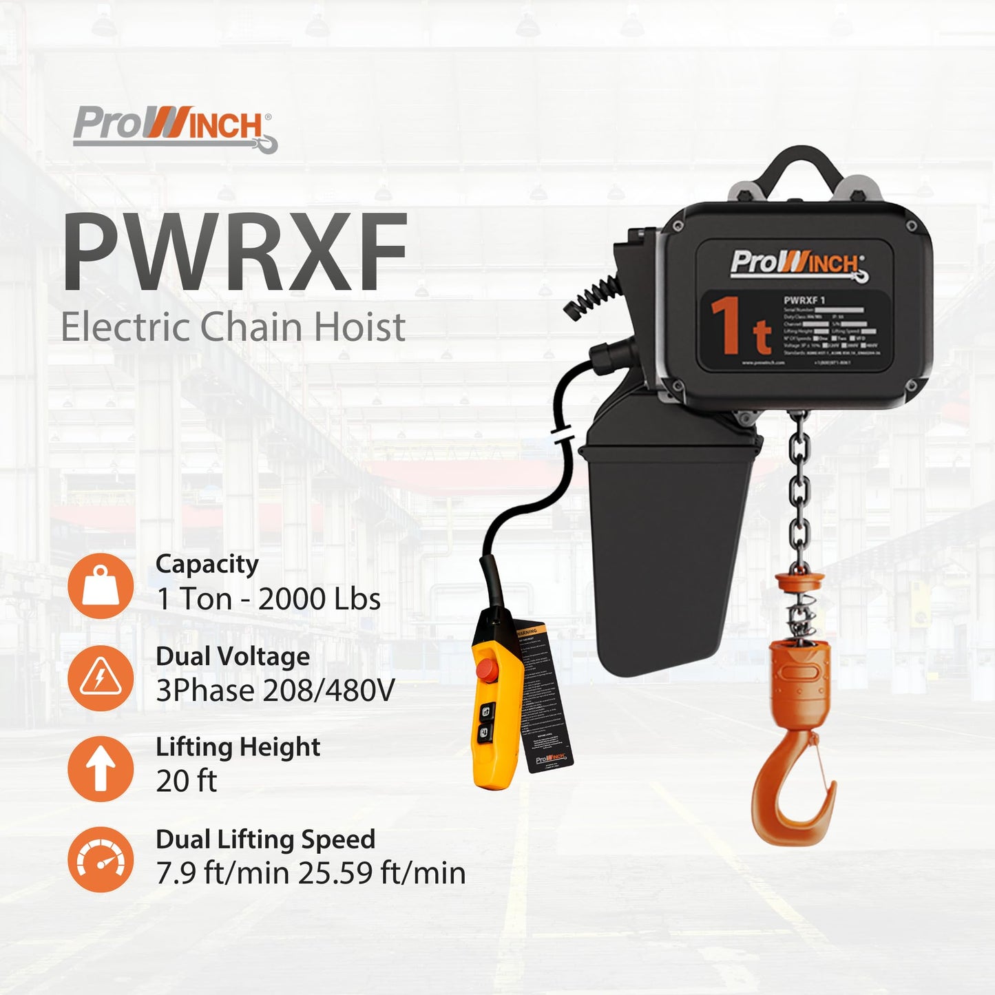 Prowinch 1 Ton Electric Chain Hoist – Single Speed, Heavy Duty H4, Dual Voltage 208/480V 3-Phase, 13 ft Lifting Height, G100 Nickel Chain, IP55 – ASME B30.16 Industrial Hoist