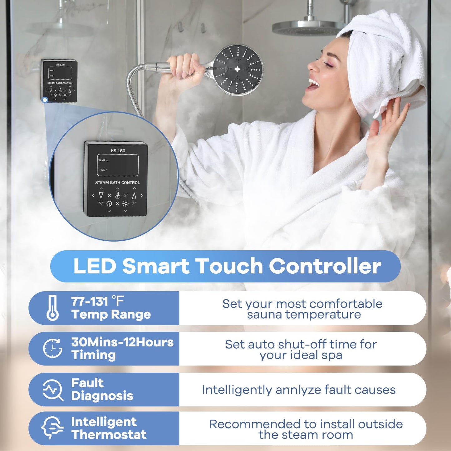 Kooby 4KW Luxury Self-draining Steam Generator Shower Sauna Bath Home Steam Bath Spa Generator with Waterproof Control and Auto Drain 95-131℉ for Max Space Heating 4 m³ (145 ft3)