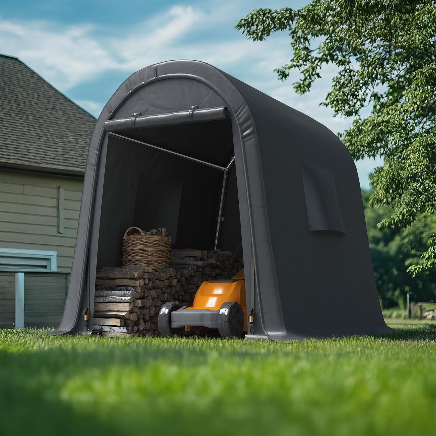 ADVANCE OUTDOOR 6x8 ft Storage Shed Shelter Steel Metal Round Peak Roof Portable Garage Carport for Motorcycle, Boat, or Garden Tools with 2 Roll up Doors & Vents,Dark Gray