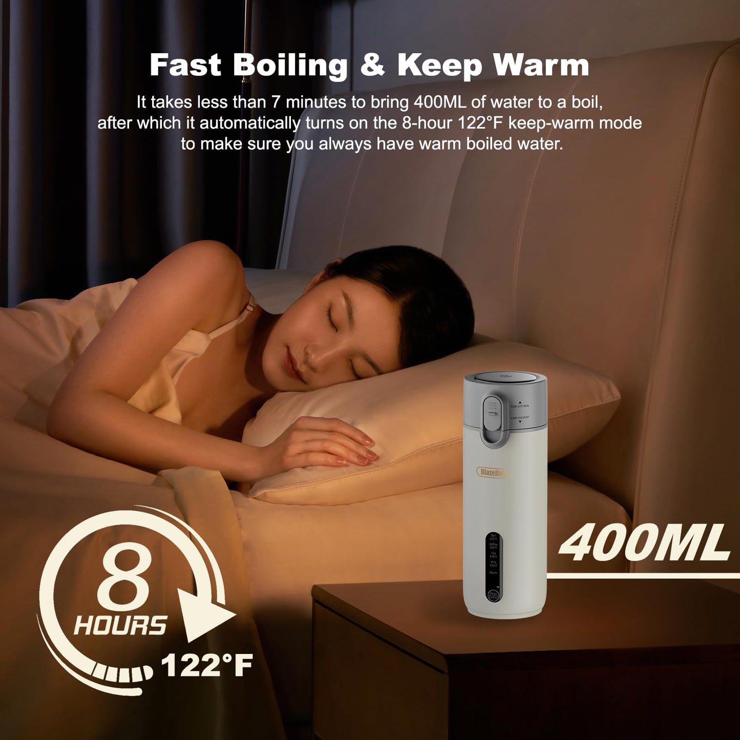 Travel Portable Electric Kettle (Non-Rechargeable), Food-Grade 316 Stainless Steel (300W/400ML) Fast-Boil Small Hot Water Boiler with 4 Temp Settings, Keep Warm, Auto Shut-Off & Boil-Dry Protection