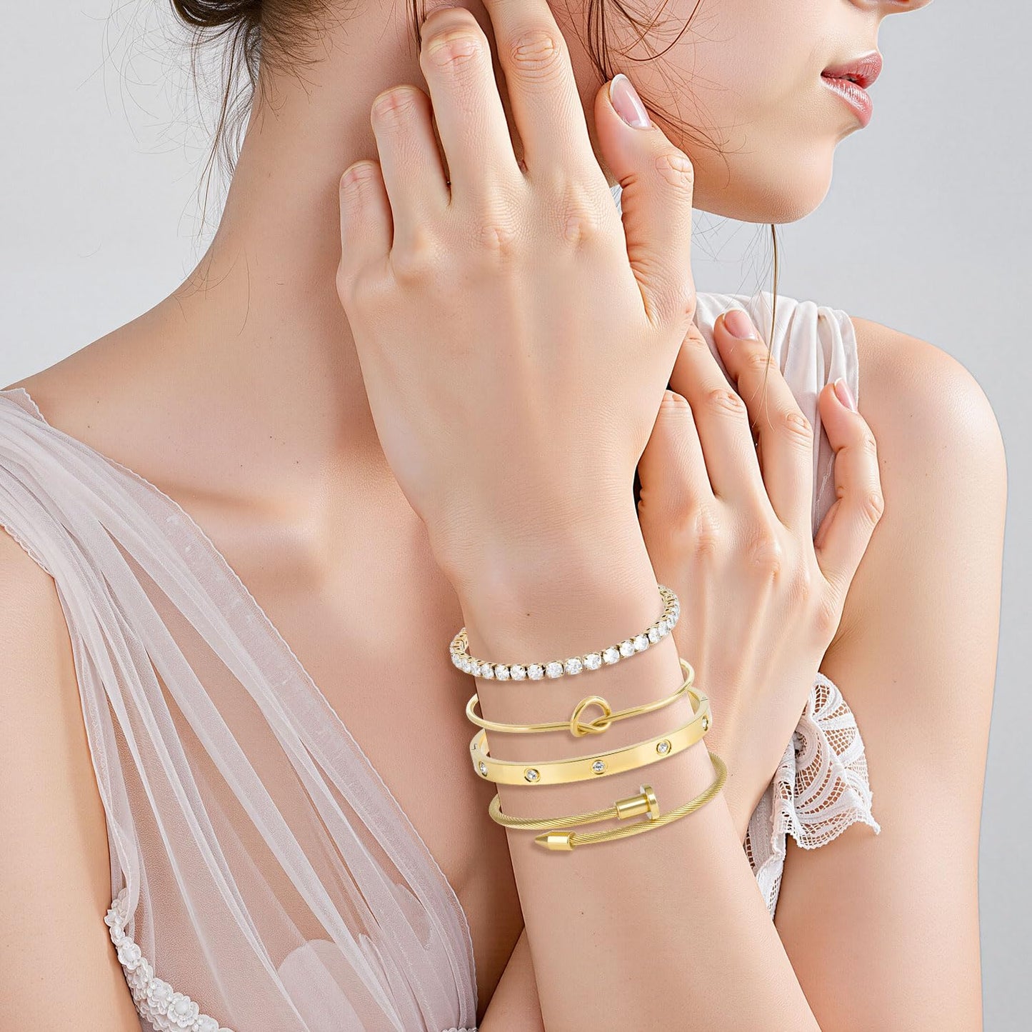 18K Gold Plated Love Nail Bangle Bracelet Set, 4pcs Stackable Stainless Steel Bangles for Wife Mom Girlfriend Daughter
