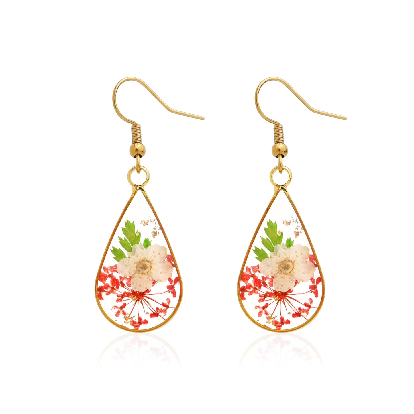 Jean Beau Handmade Pressed Flower Earrings for Women, Unique Resin Red White Dried Flowers Gold Plated Teardrop Dangle Drop Nature Floral Earings Fashion Summer Jewelry Gift