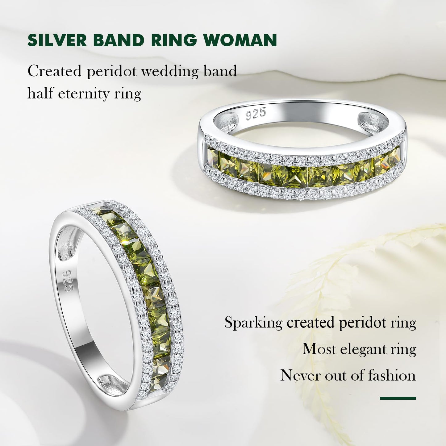 RANDES Peridot Rings for Women Channel Set Princess Cut Eternity Band 925 Sterling Silver August Birthstone Rings Peridot Jewlery Size 8