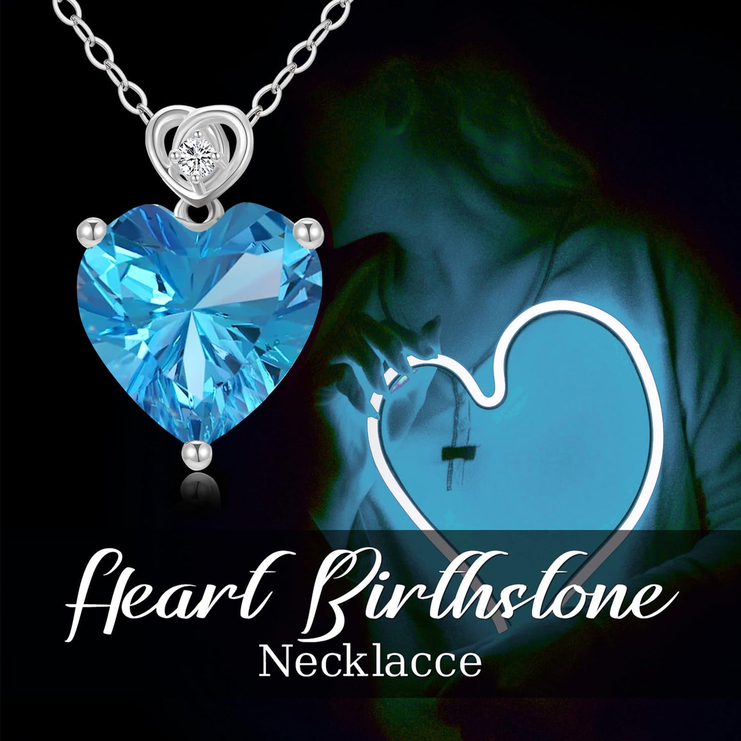 NFYBD 14k White Gold Love Heart Blue Topaz Birthstone Pendant Necklace for Women 3 Carat Heart-cut Created Gemstone Anniversary Birthday Mother's Day Necklaces for Her-topaz