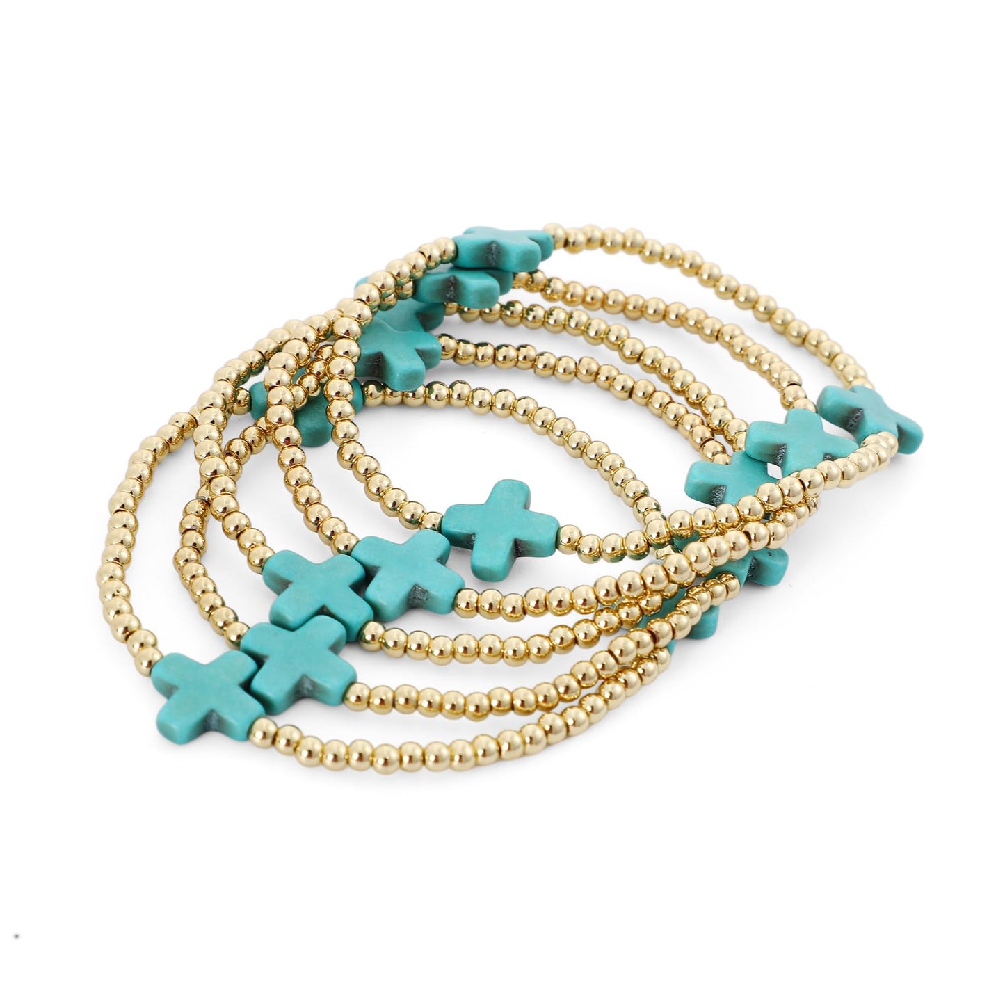 Sajidos Gold Plated Beaded Bracelets for Women Trendy, 14K Gold Plated Stack Cross Pearl Bead Stretch Bracelets Set Elastic Hypoallergenic Bracelets Jewelry Gifts (style14)