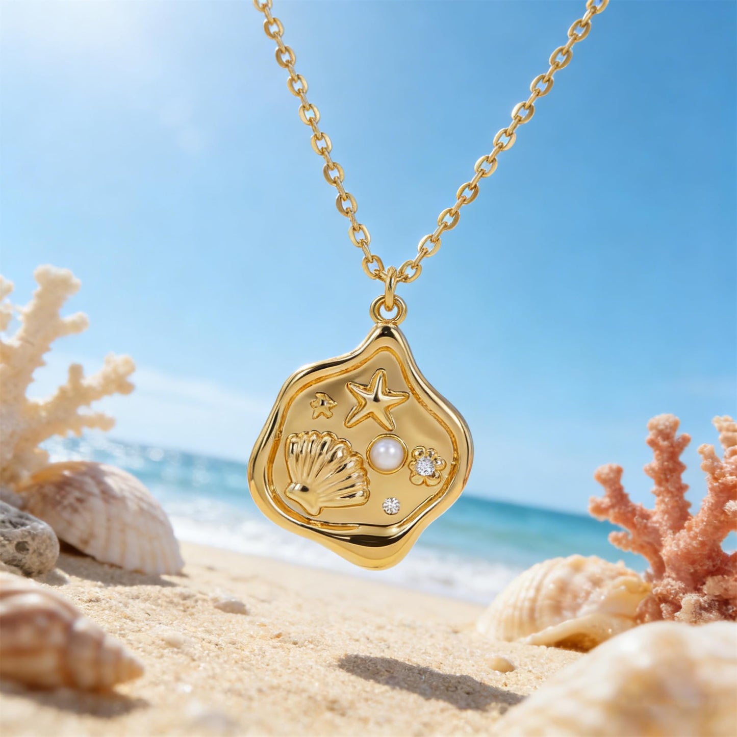 MEVECCO Dainty Gold Shell Starfish Pendent Necklace for Women 18K Gold Plated Beach Cute Starfish Pearl Necklace Irregularity Stamp Boho Handmade Ocean jewelry