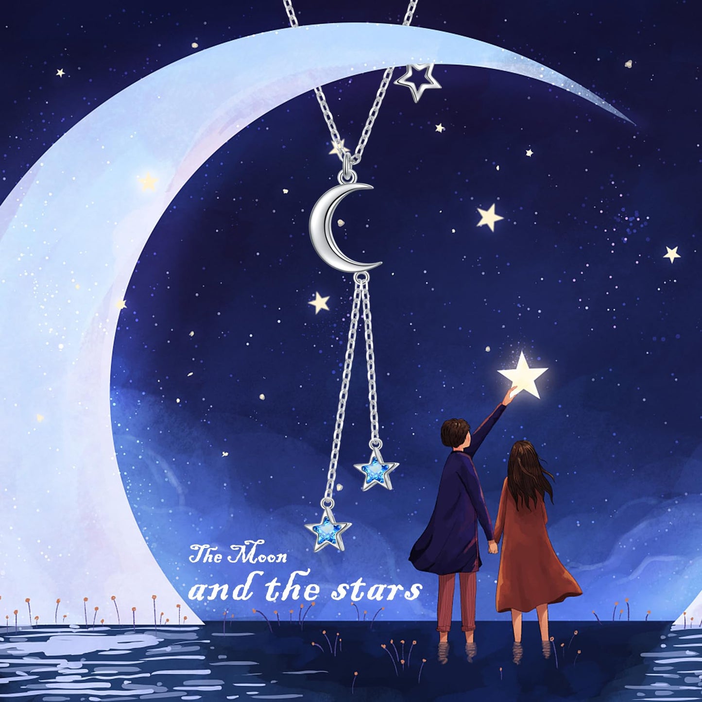 Ladytree 925 Sterling Silver Crescent Moon and Stars Celestial Jewelry Blue Star Synthetic Spinel Pendant Necklace Rolo Chain 18 inches to 20 inches