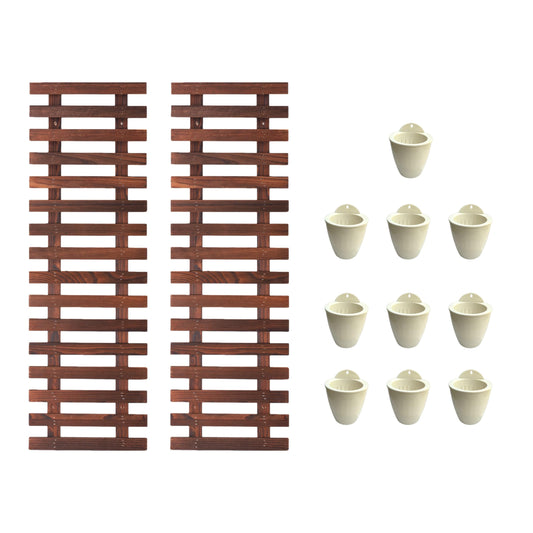 ShopLaLa Bundle- 2 Pack, 35.4 Wooden Plant Holder + 10 Pack, 4 Inch White Self Watering Plastic Pots Large Unique Modern Vertical Wall Mount Hydroponic Garden System Outdoor Planter Dark Brown Decor