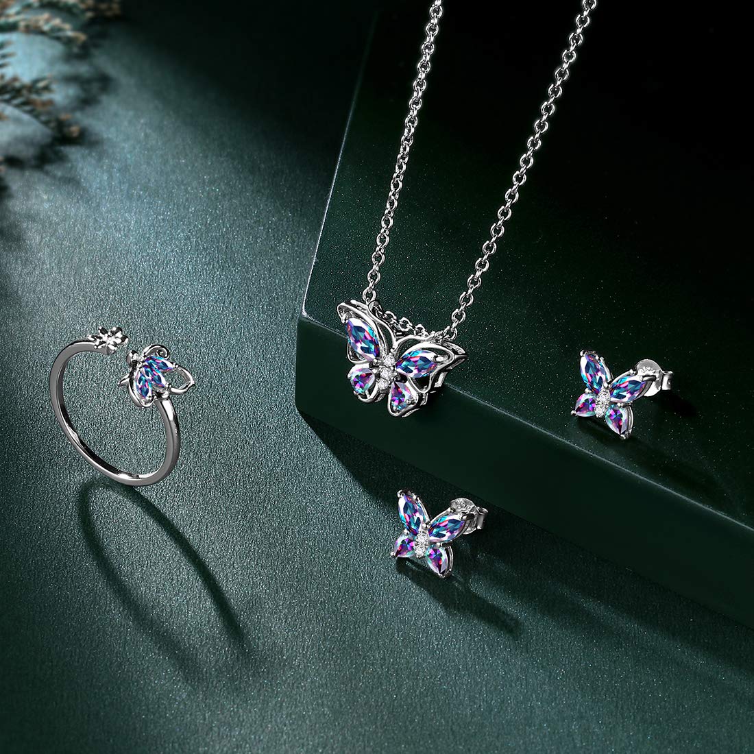 Hipunk Butterfly Mystic-Rainbow-Topaz Jewelry Sets Birthstone Women 925 Sterling Silver Fire-Topaz Birth Stone Animal Butterflies Jewelry Sets/Earring/Ring Set Crystal Birthday Jewelry SS0002C