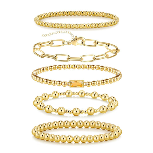 5 PCS Gold Bracelets for Women, Dainty Birthstone Bracelet 14K Gold Plated Stackable Paperclip Cuban Link Chain Bead Bracelets, Fashion Trendy Jewelry Sets Birthday Gifts