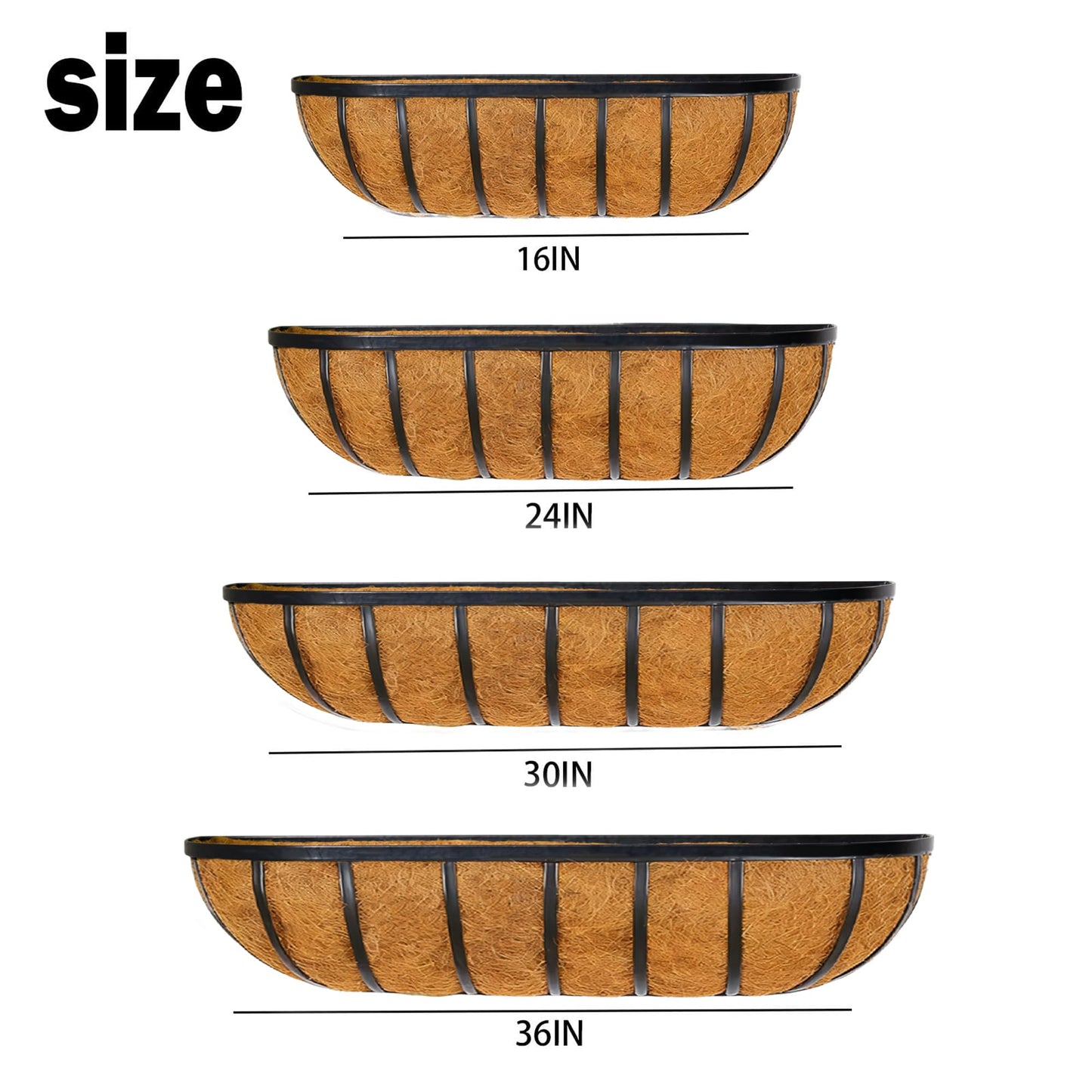 JFFLYIT 4 Pcs 36“ Railing Planter Window Box Deck Railing Planter Boxes with Coco Liner English Horse Trough Planters Metal Wall-Mounted Planters Basket for Outdoor Balcony Porch Fence Patio Rail