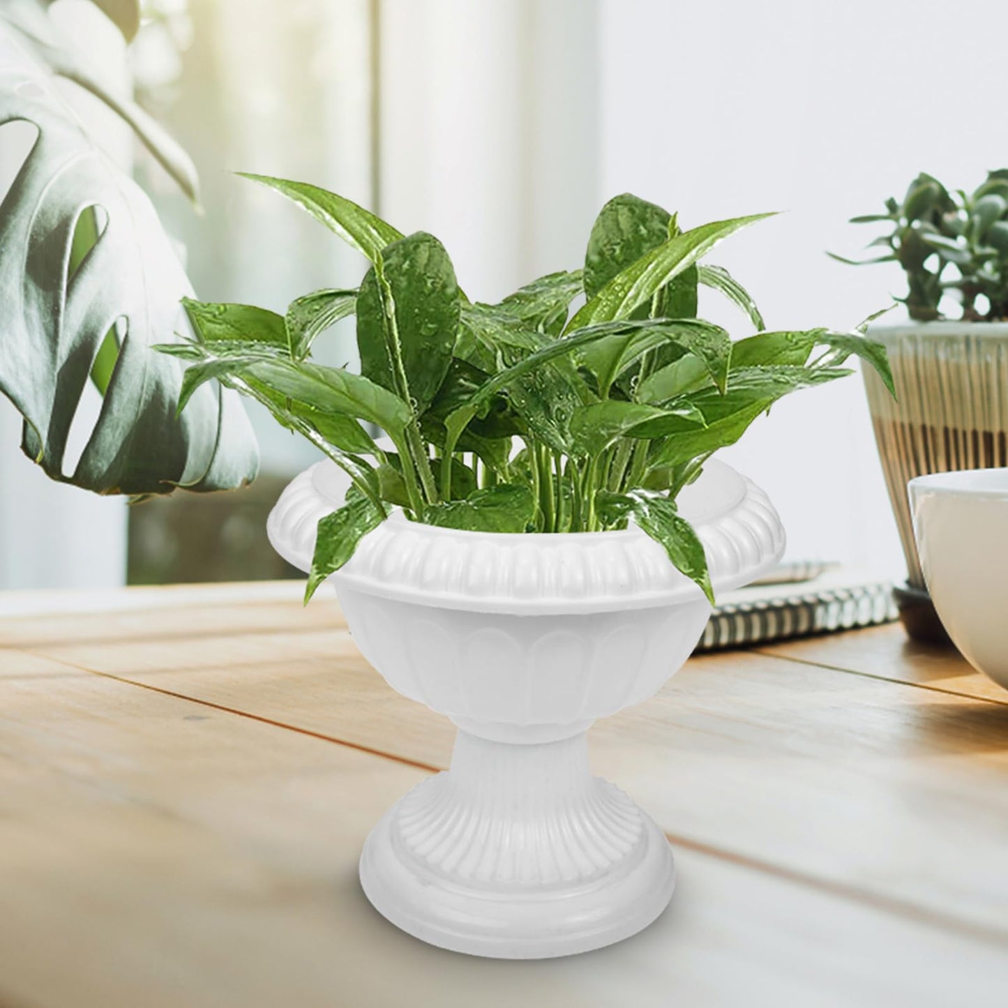 Yardwe 4pcs White Urn Planter Plastic Pedestal Flower Vases Plant Pot Grecian Plants Pot Roman Flower Pot for Yard Garden Porch Front Door