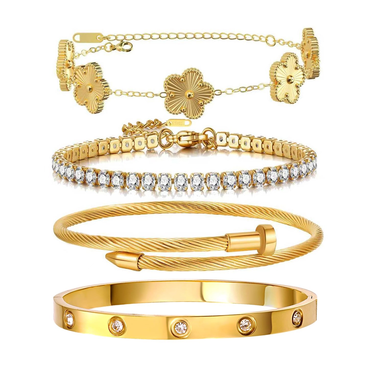 Gold Bracelets for Women, 18K Gold Plated Women Tennis Bracelets Clover Nail Love Bangle Bracelet Set, Gold Bracelet Stackable Set Trendy Jewelry, Gifts for Women's Day and Mother's Day (06-Color-gold)