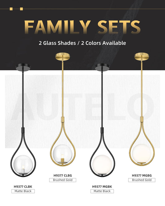 AUTELO 2 Pack Gold Pendant Lights, Hanging Lamp in Brushed Gold Finish with Clear Globe Glass, Mid Century Pendant Lights Kitchen Island with Adjustable Rods for Kitchen H9377 CLBG-2PK
